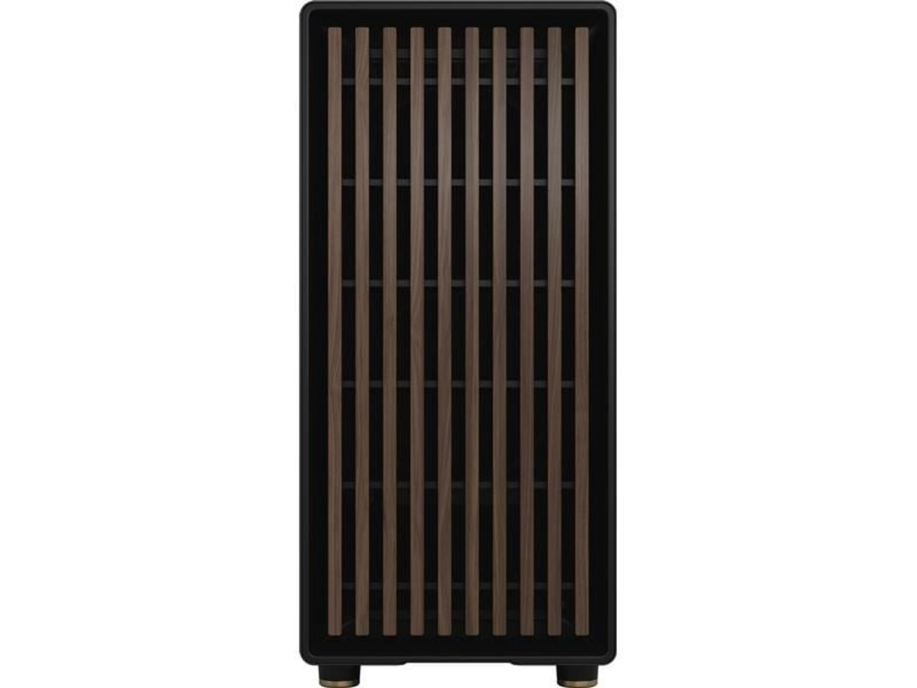 Een zwarte kast met verticale houten lamellen en gouden poten.