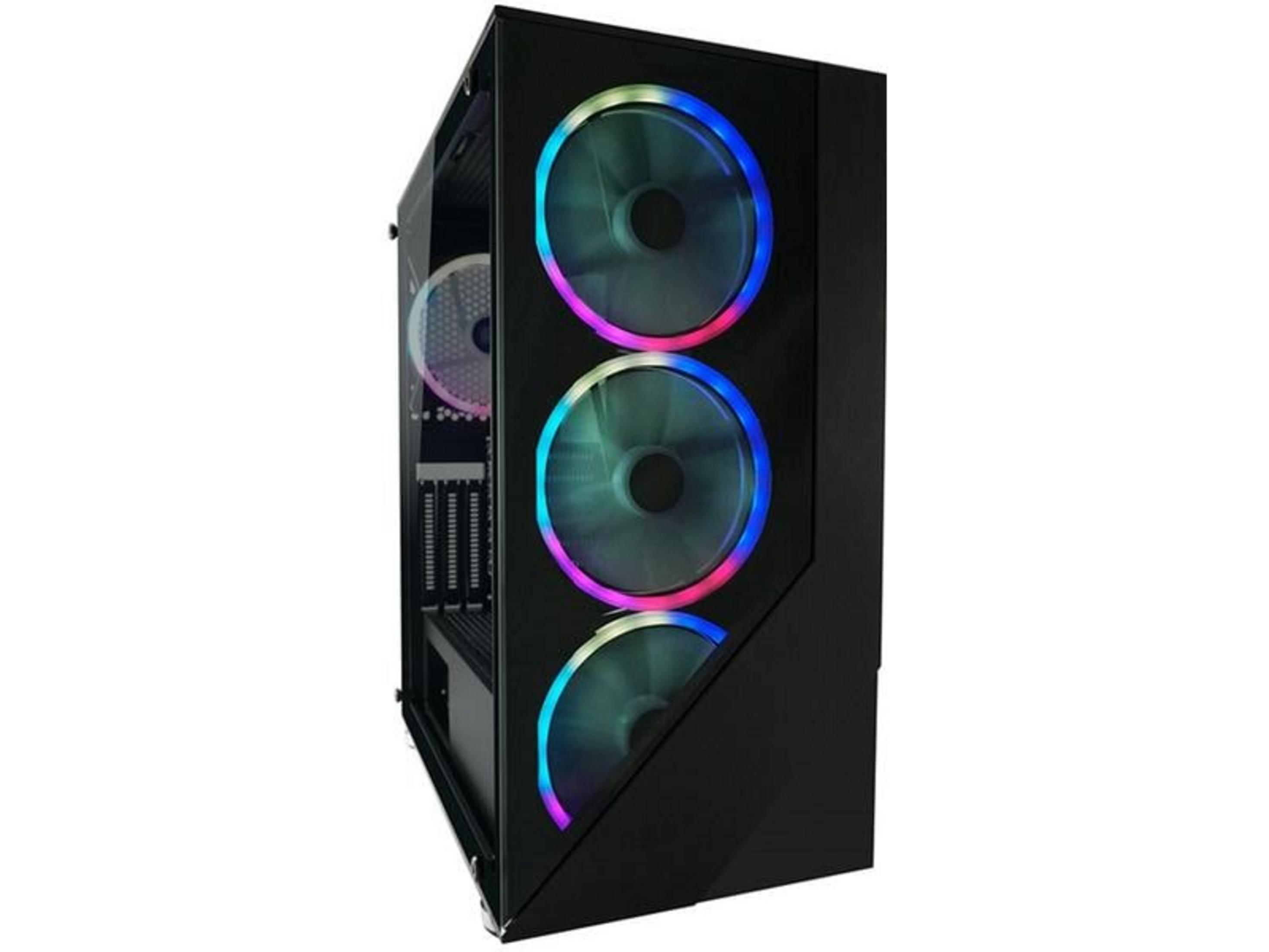 Czarna obudowa komputera z trzema podświetlanymi wentylatorami i szklanym panelem.