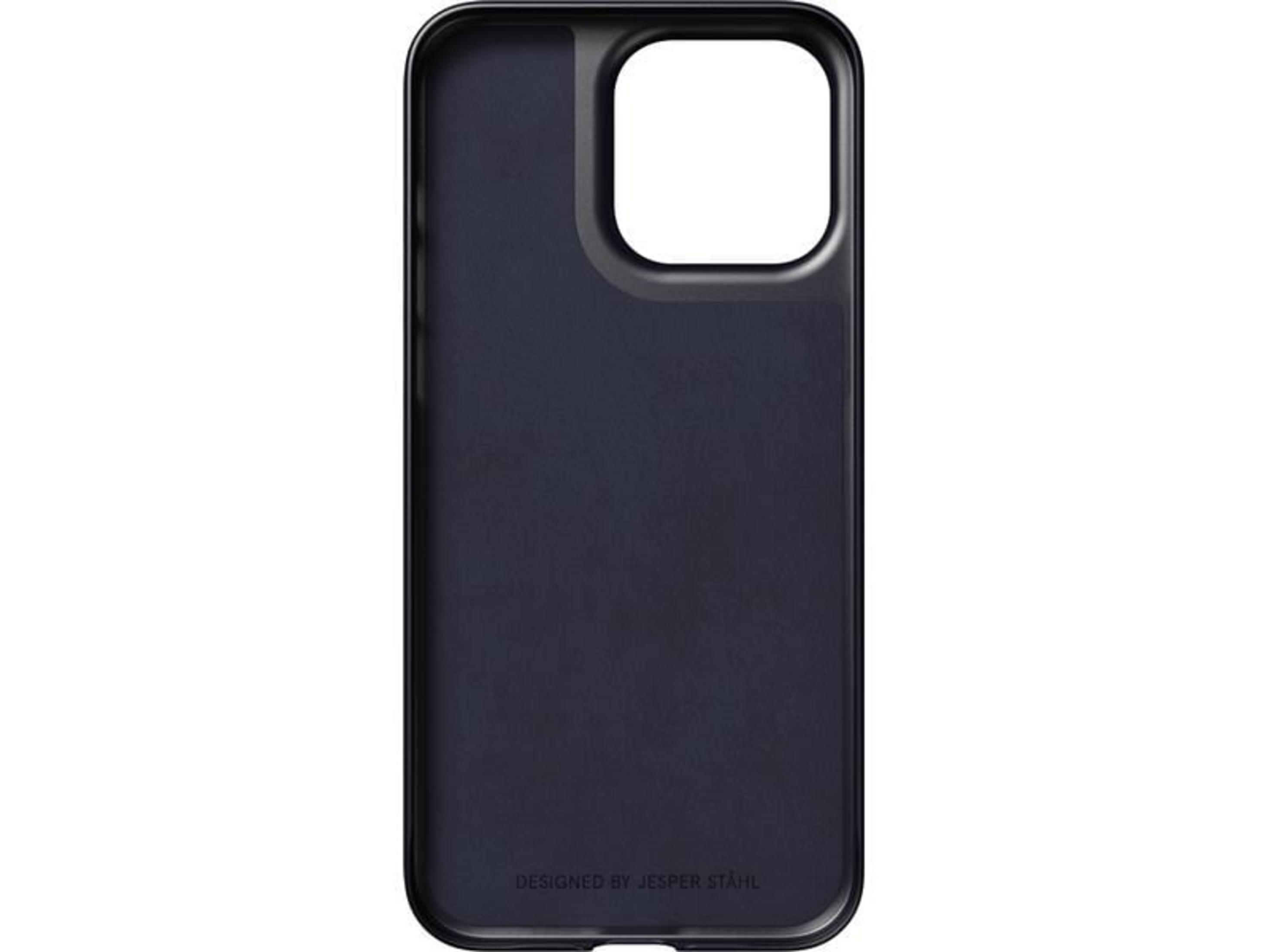 Donkerblauwe telefoonhoes met rechthoekige camera-uitsparing en tekst.