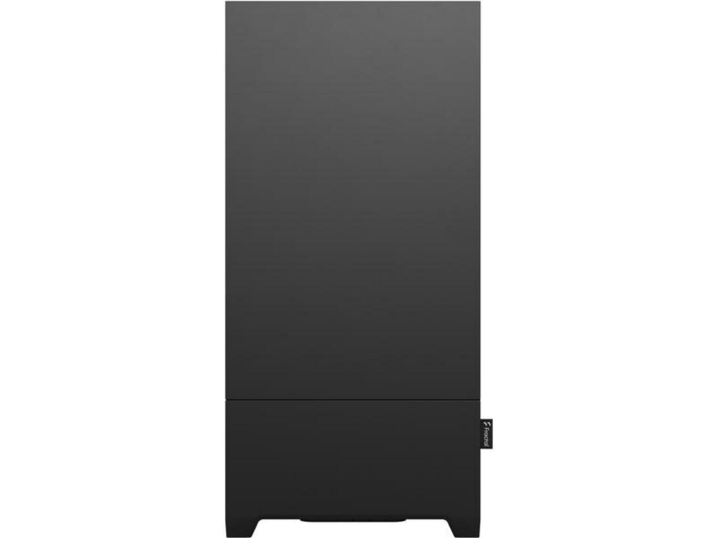 A sleek, black computer case with rounded feet and a logo on the side.