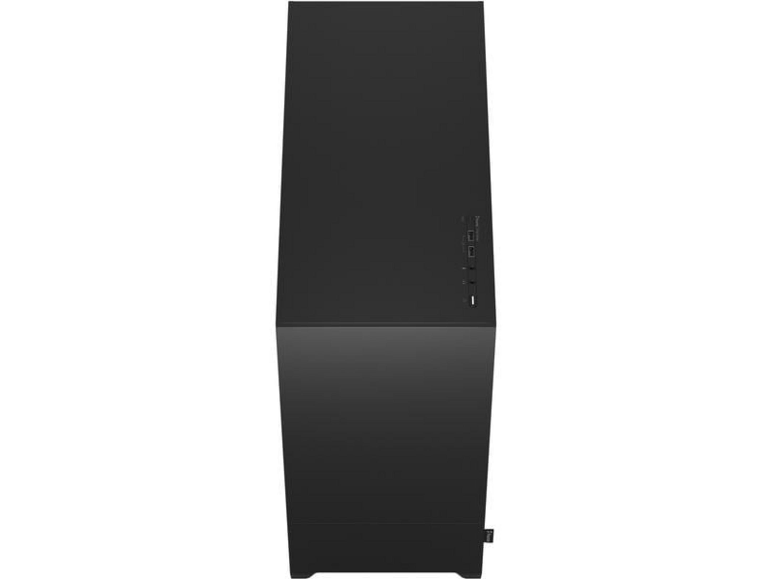 A slim, black computer tower with ports visible on its side.