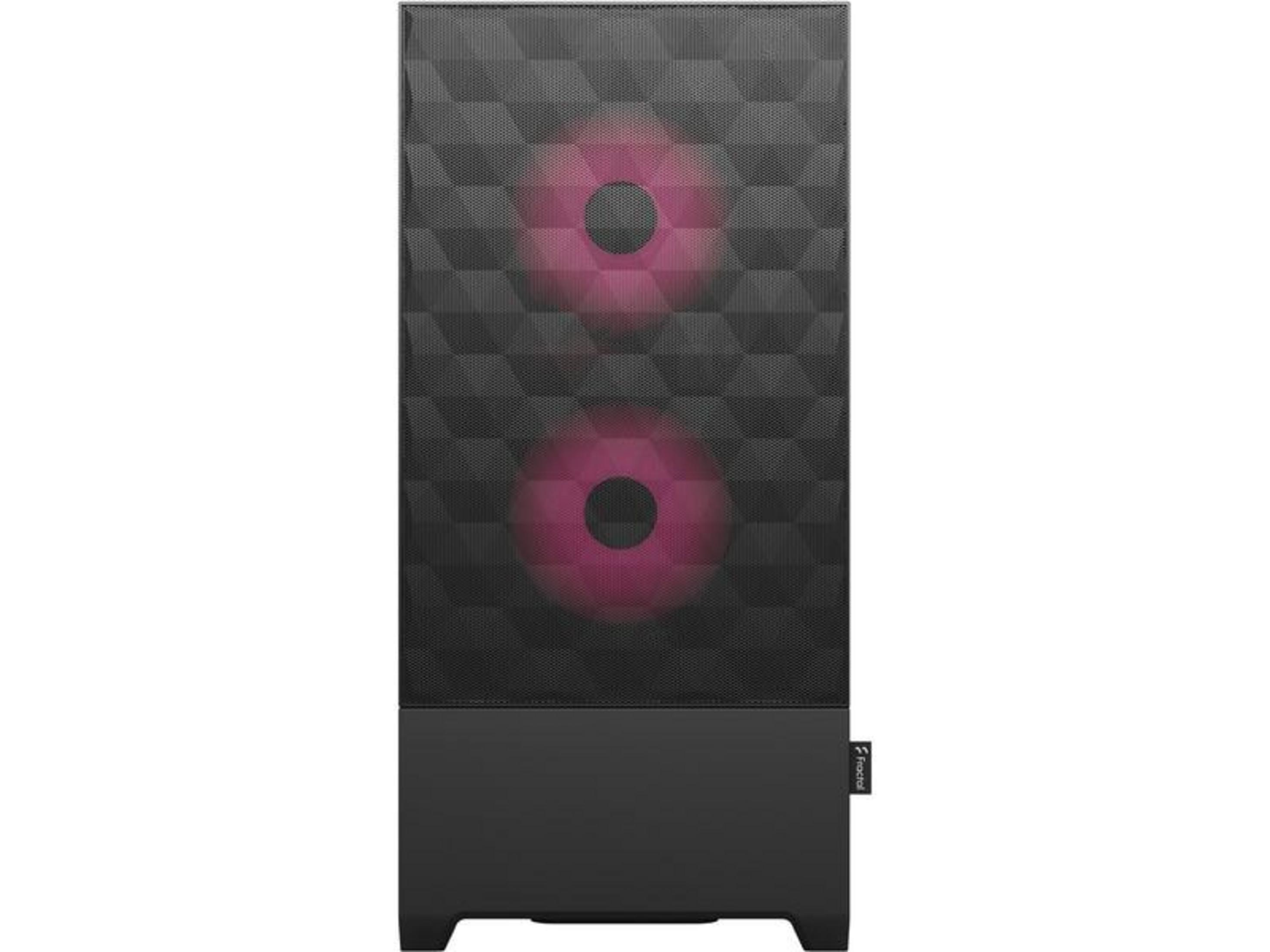 Schwarzes PC-Gehäuse mit zwei rot beleuchteten Lüftern und geometrischem Muster.