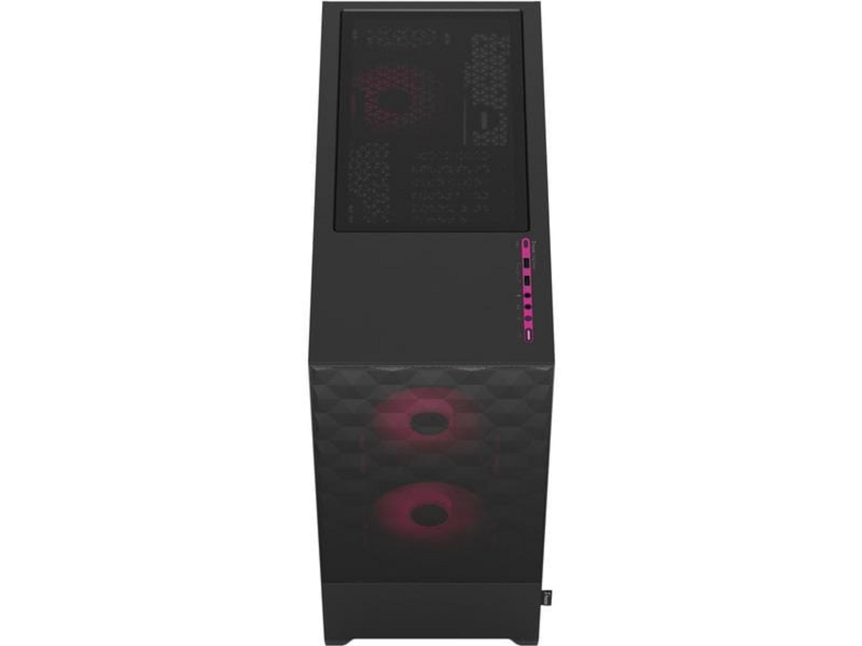 Schwarzes Computergehäuse mit roten Lüftern und Bedienfeld.