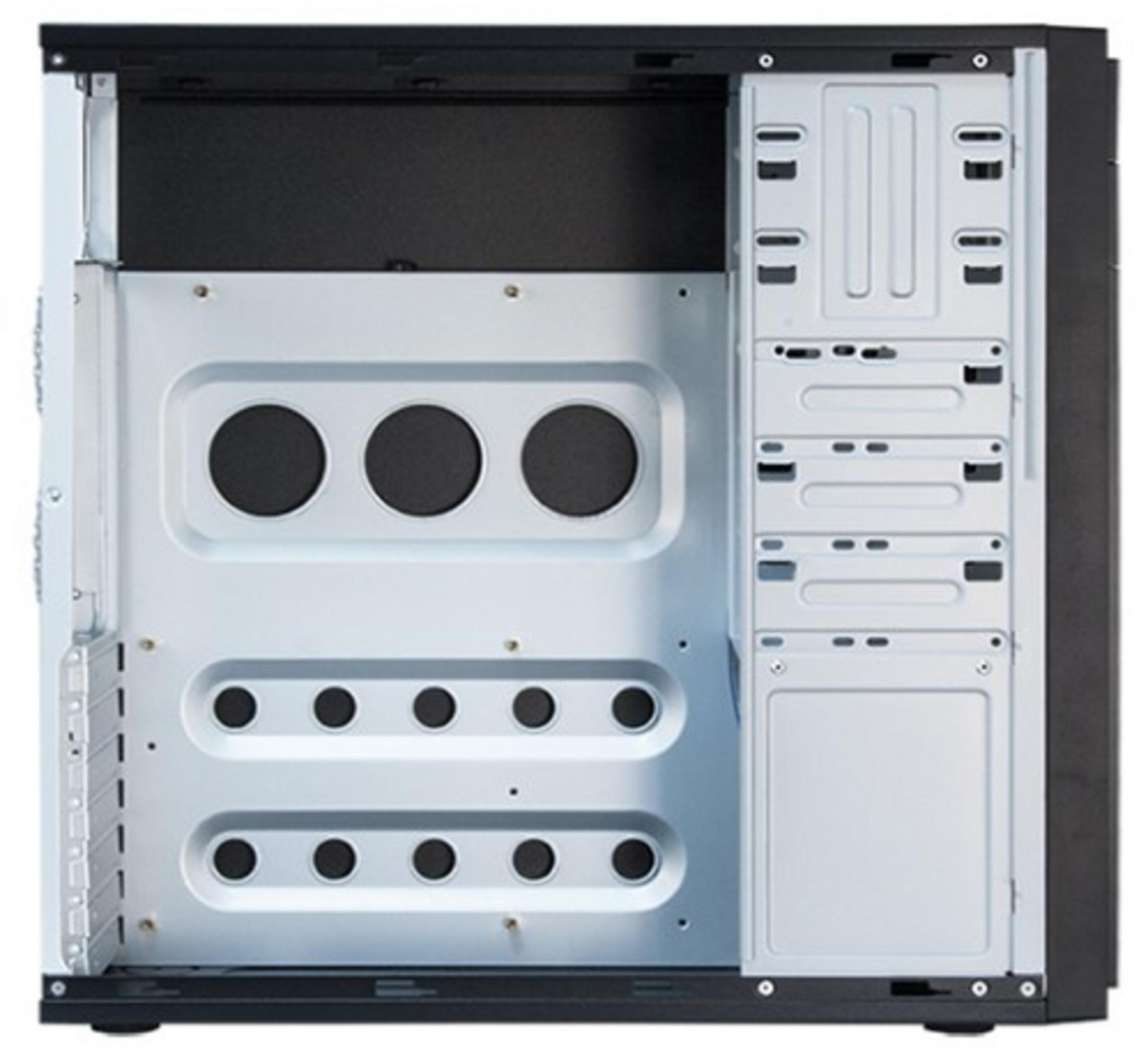 An empty computer case interior with silver and black parts.
