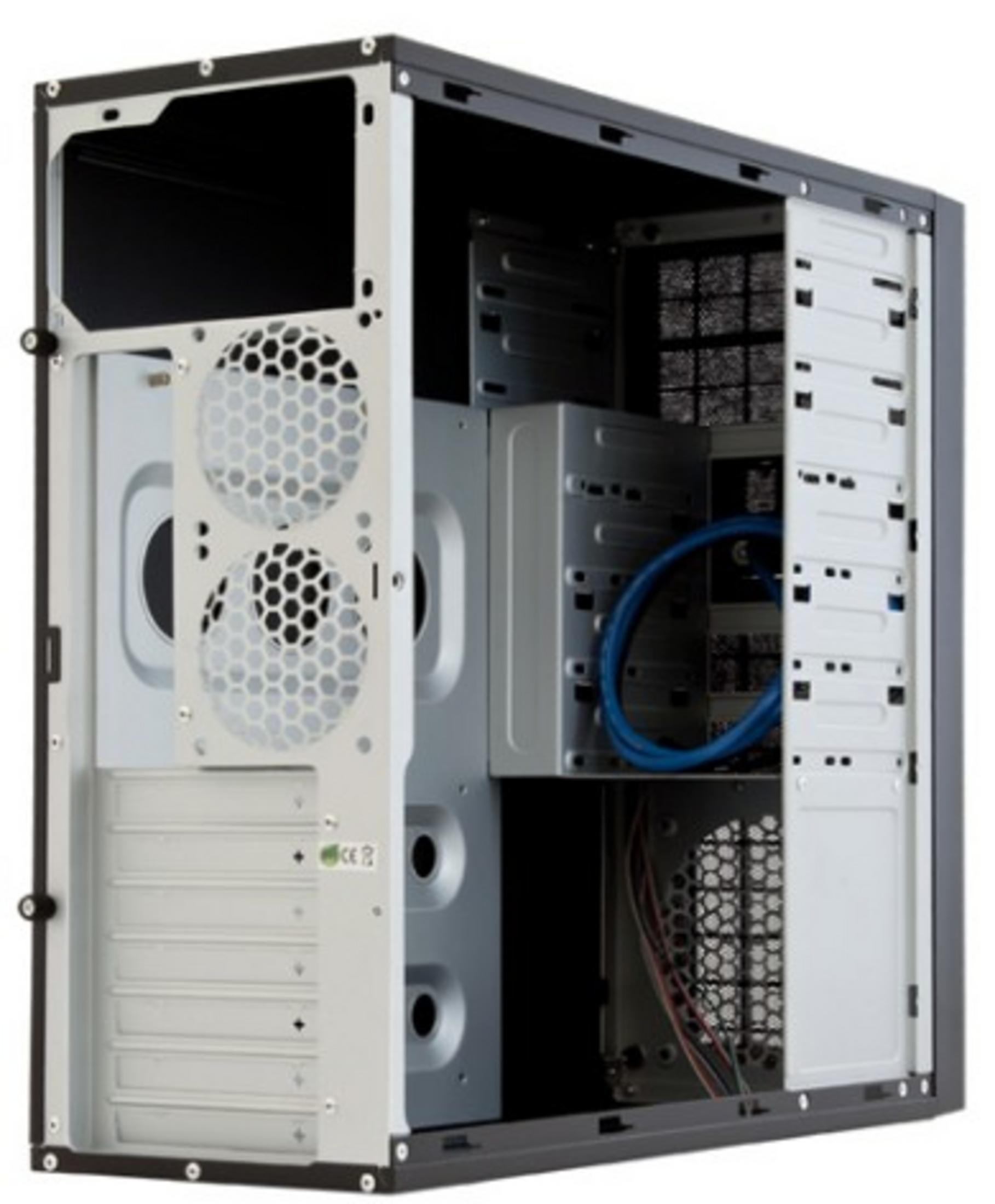An open computer case showing fans, cables, and drive bays.