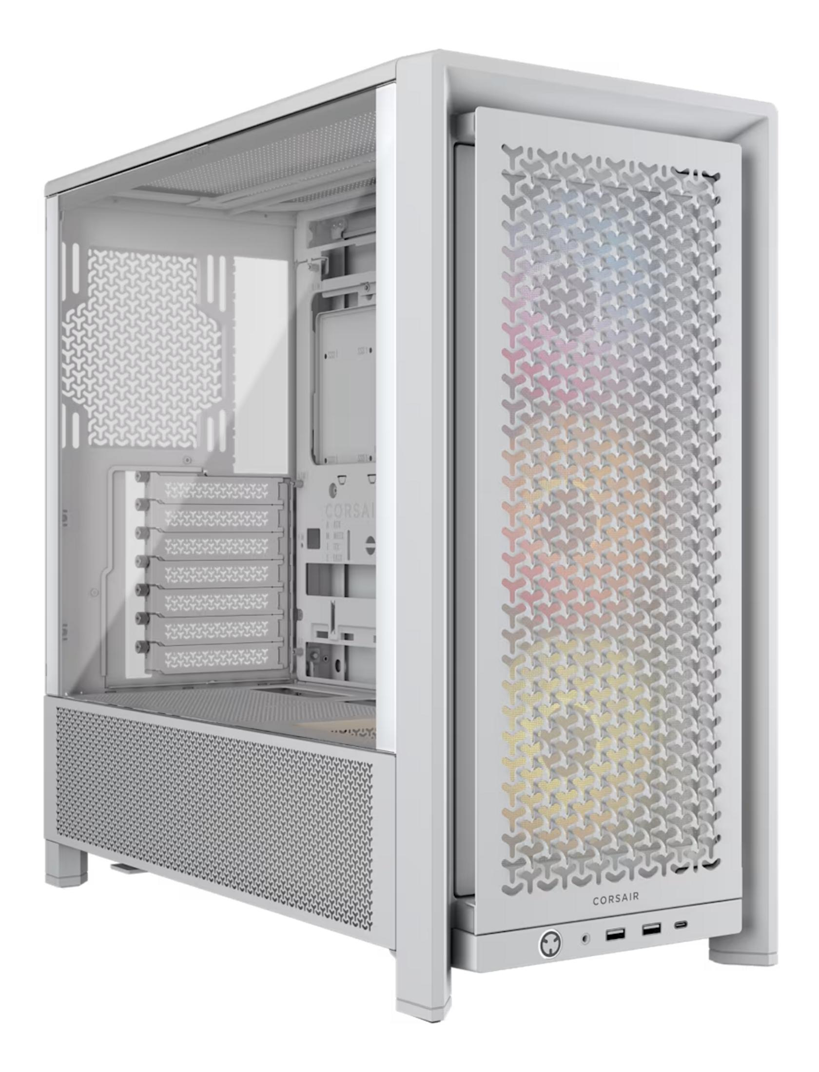 Biała obudowa komputera z otwartym panelem bocznym i siatkowym frontem.