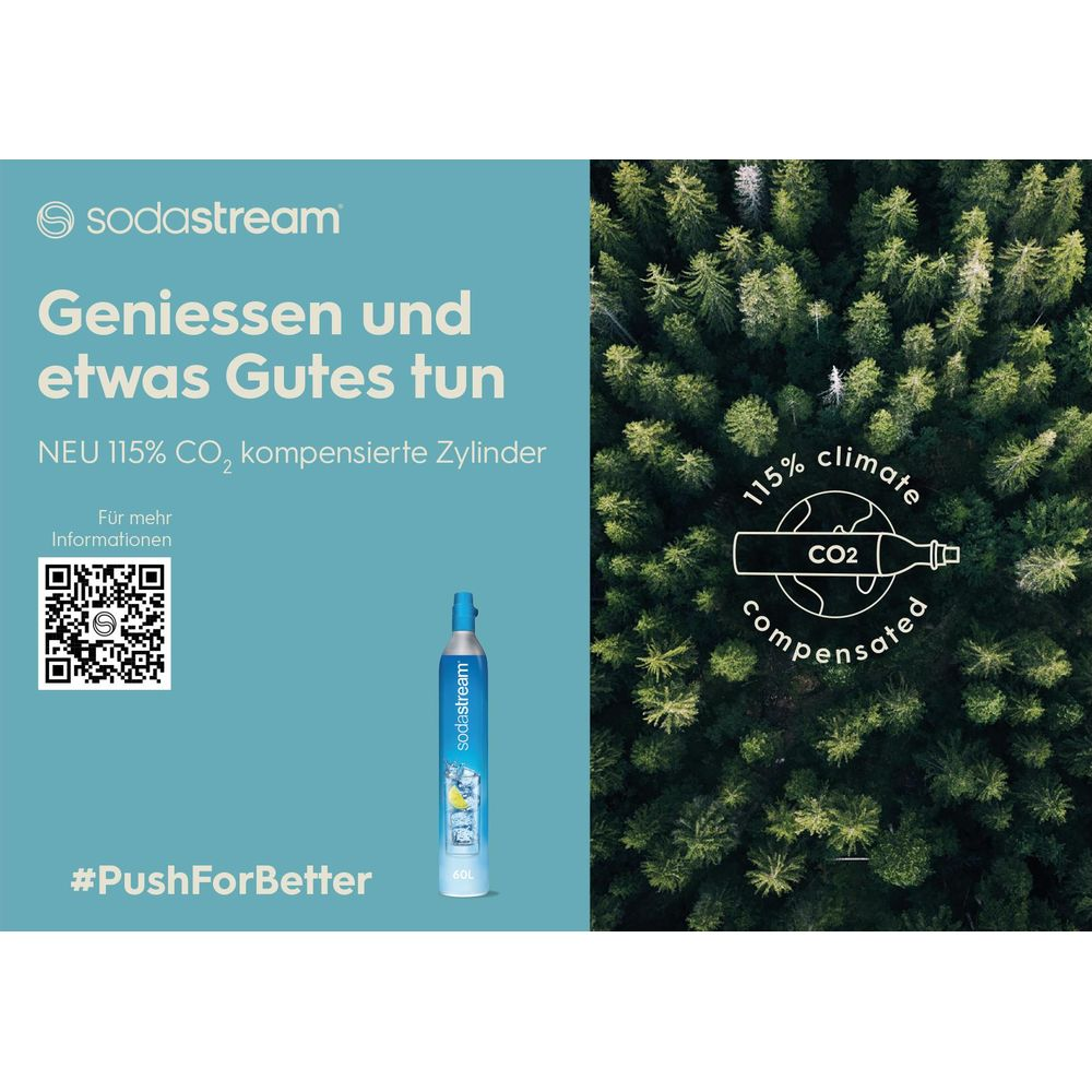 Bombola Sodastream pubblicizza la protezione del clima con immagine di foresta.