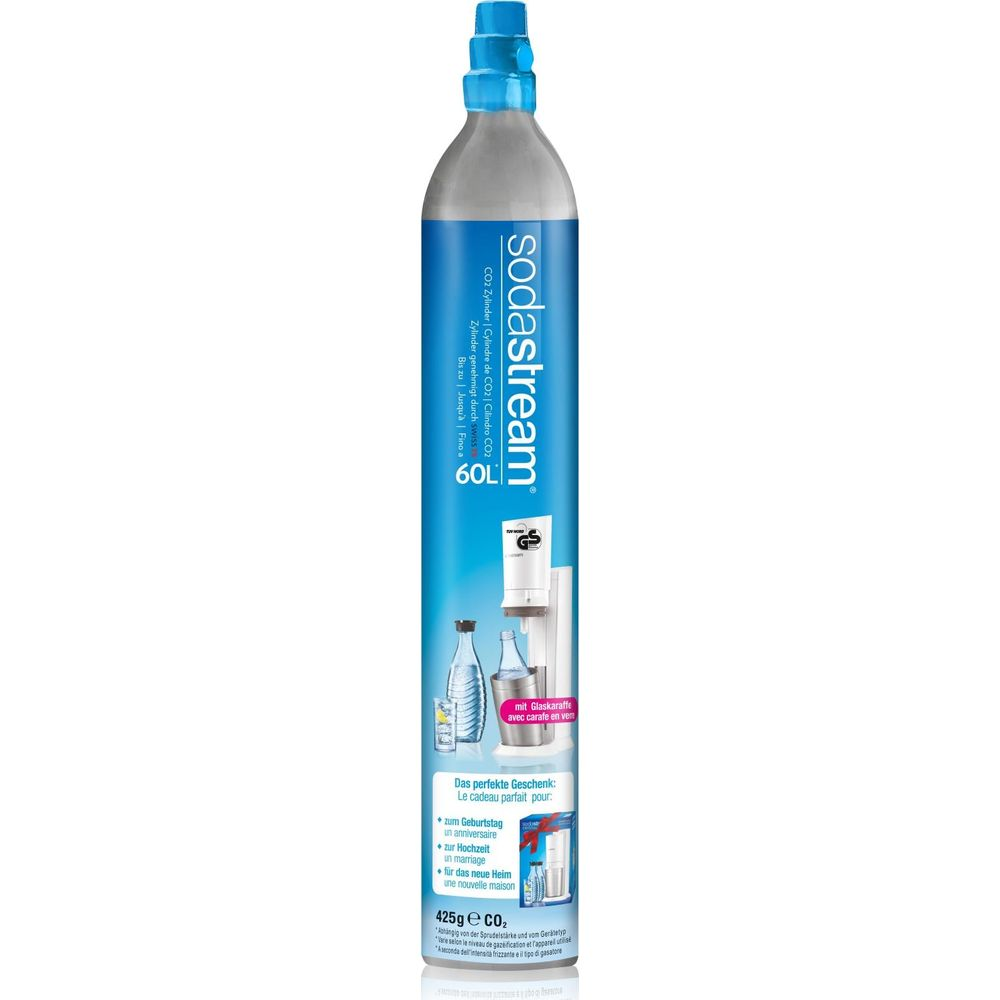 Un cilindro di CO2 Sodastream con tappo blu e corpo argentato.