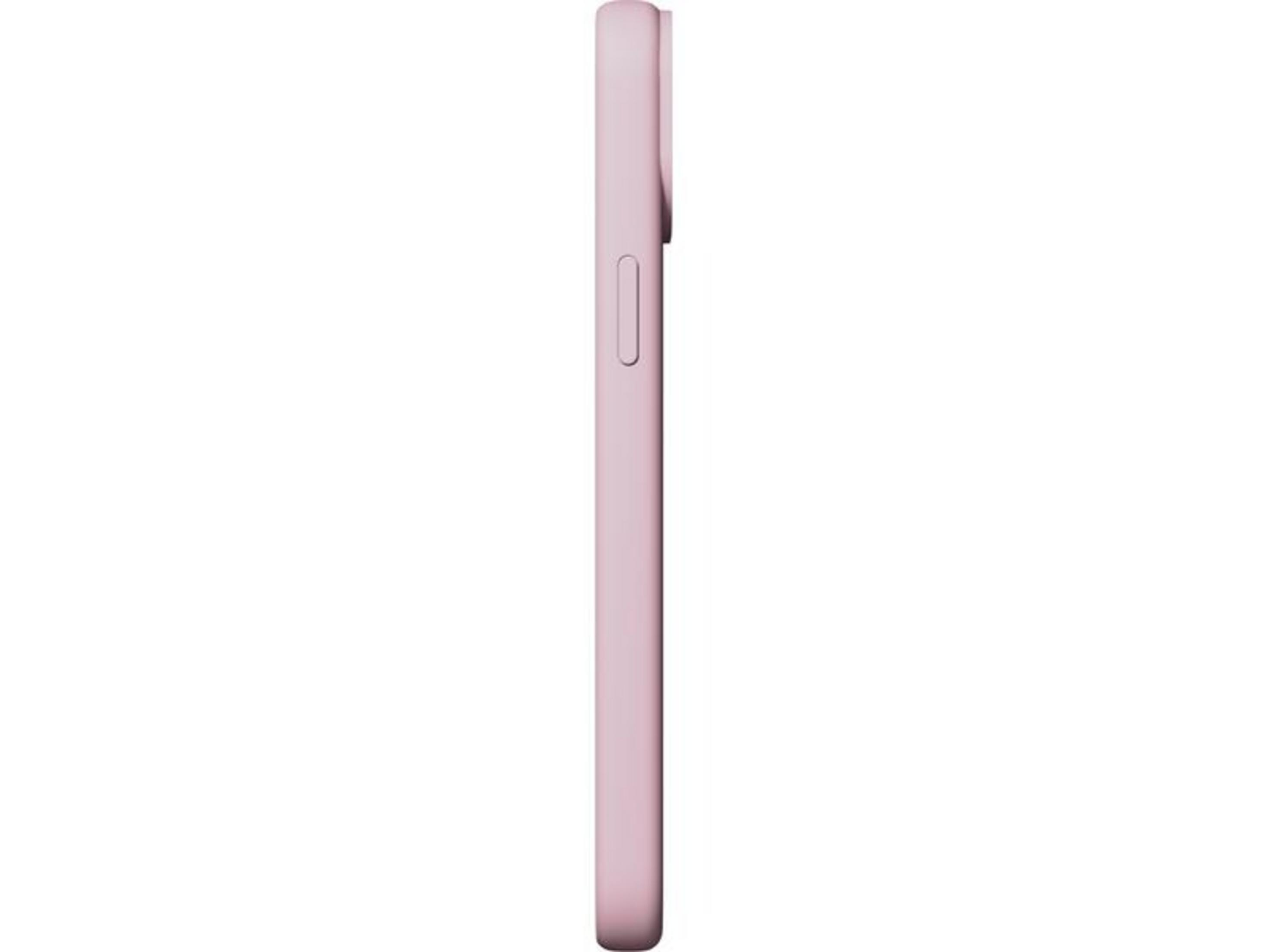 Różowe etui na telefon z zaokrąglonymi krawędziami na białym tle.