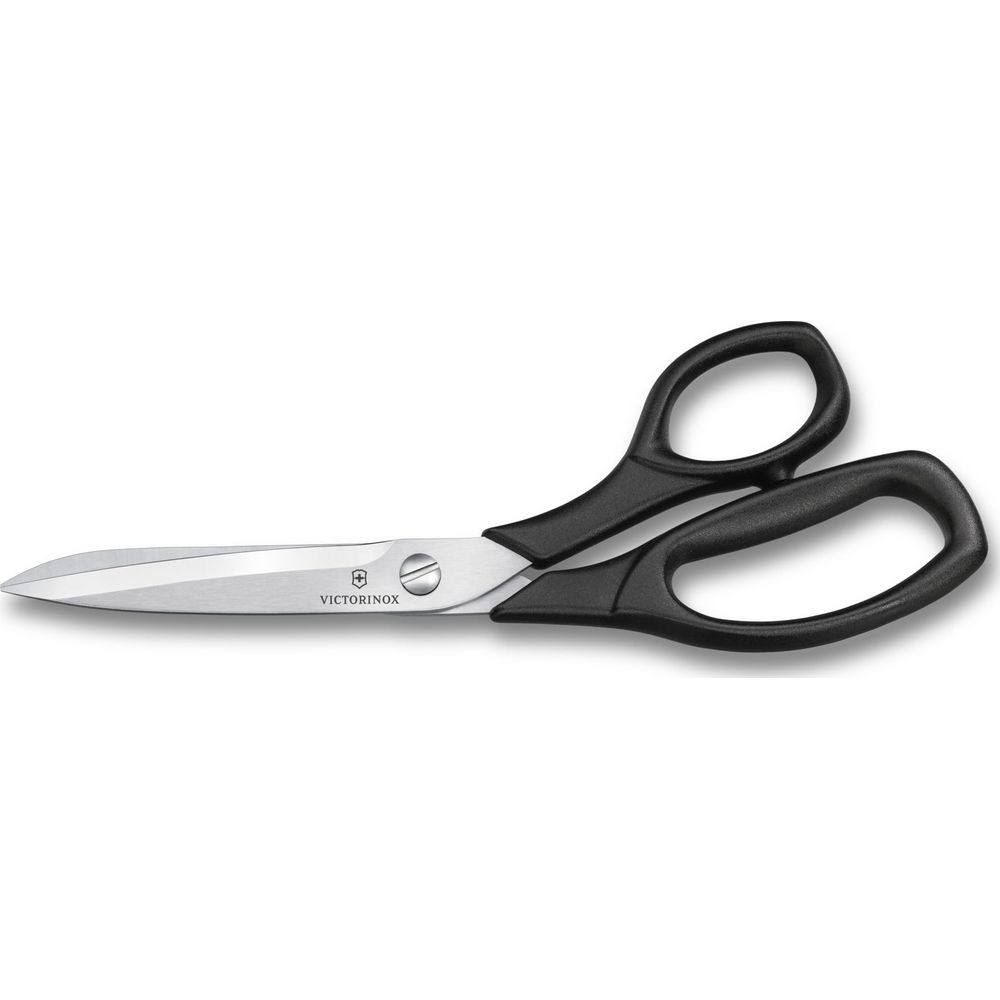 Eine schwarze Schere mit silbernen Klingen und dem Victorinox-Logo.