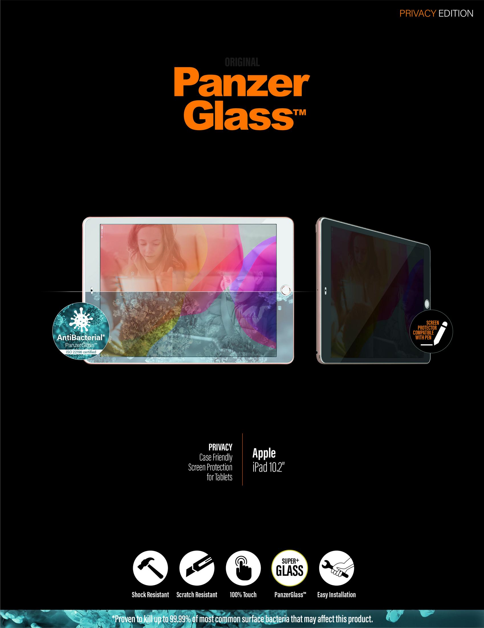 Zwei iPads, eins mit einer jungen Frau, eins mit einem Mann. PanzerGlass mit Siegeln.