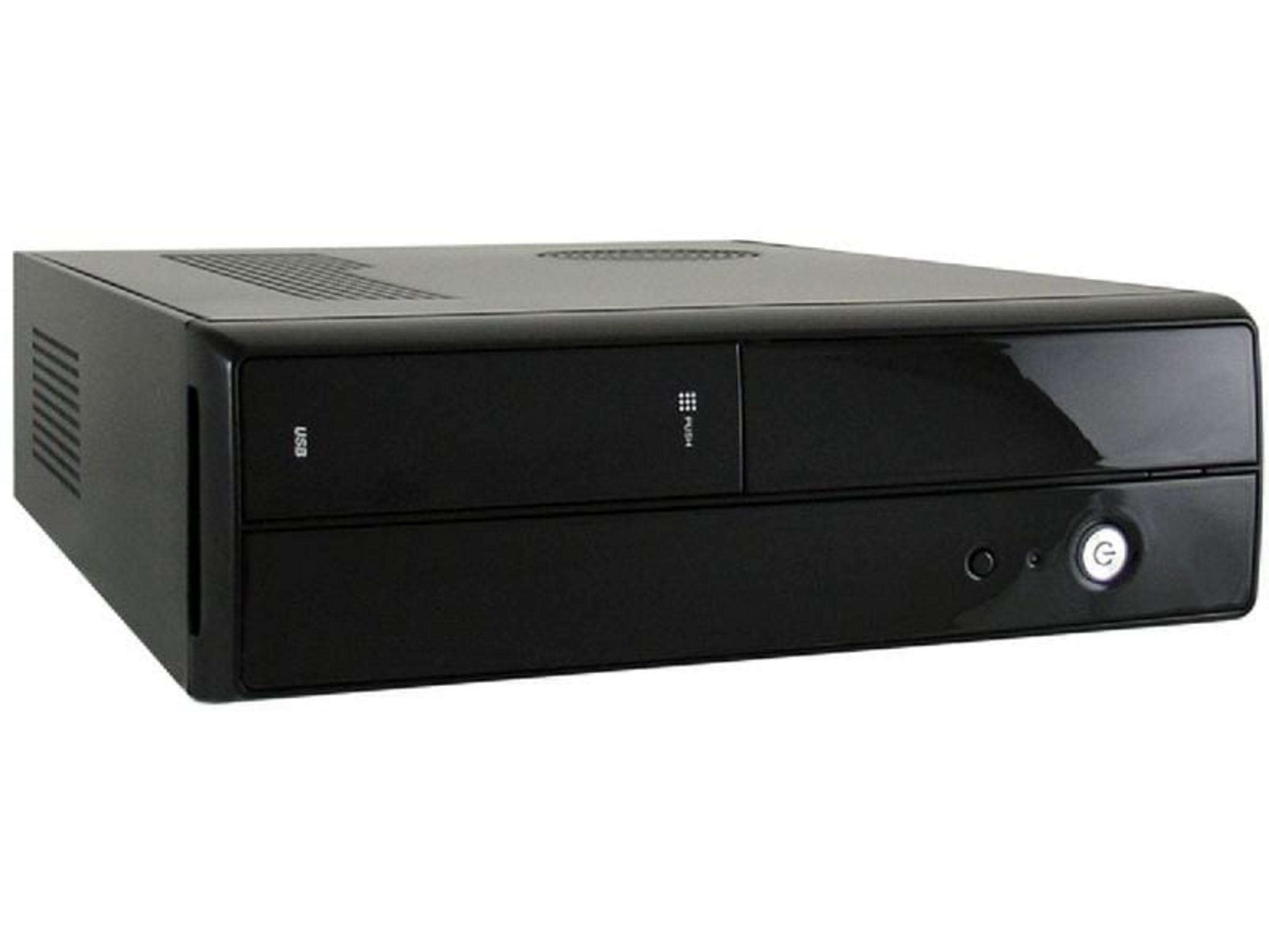 Un case per computer nero con porta USB e pulsante di accensione.