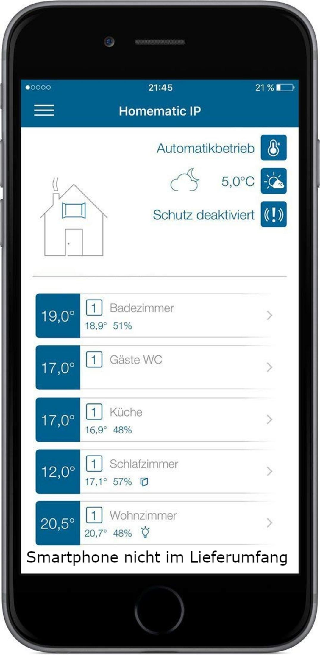 Aplikacja pokazuje temperatury w pokojach: Łazienka 19°, WC dla gości 17°, Kuchnia 17°, Sypialnia 12°, Salon 20,5°.