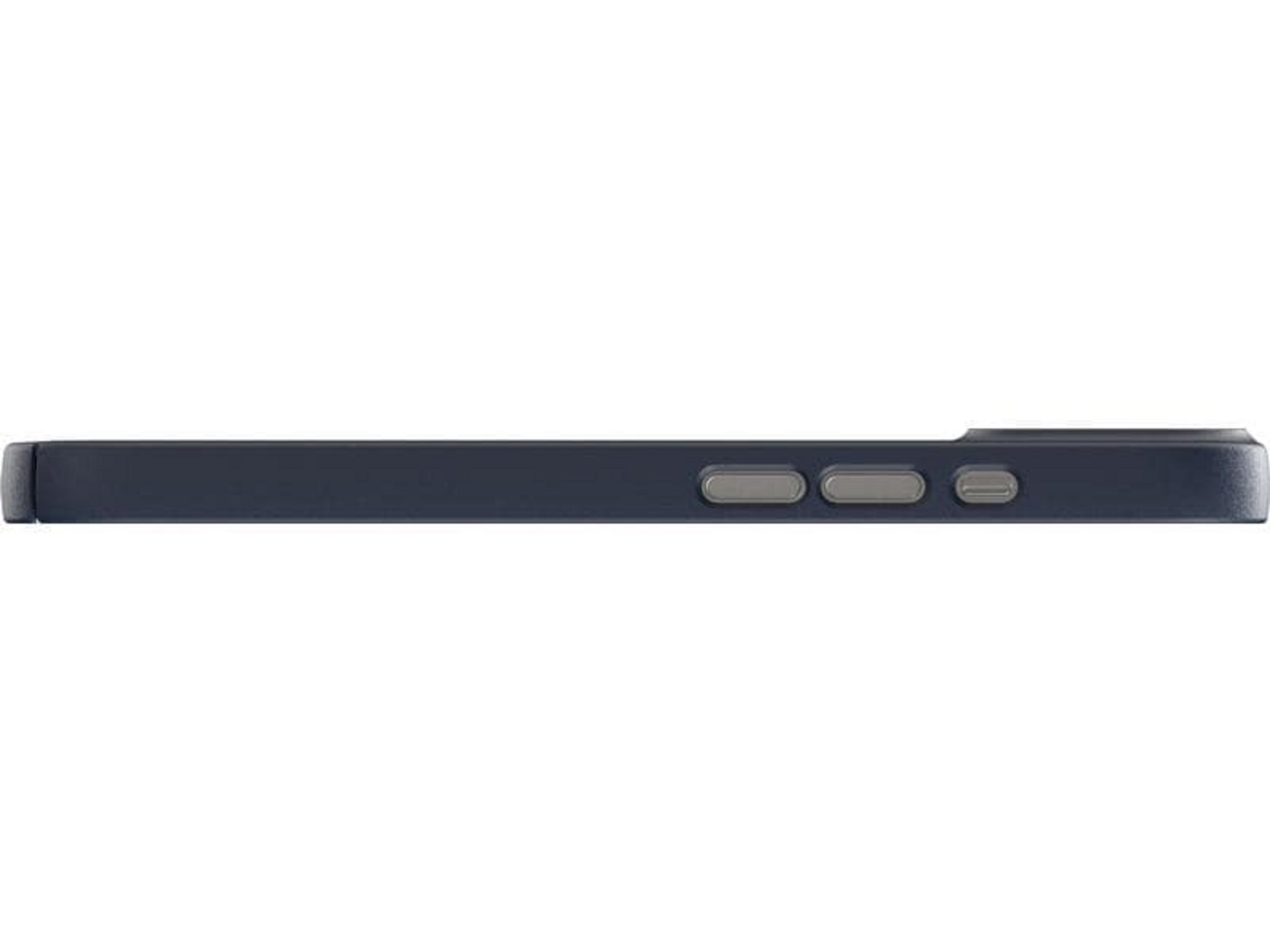 Coque de téléphone bleu foncé vue de côté avec boutons gris.