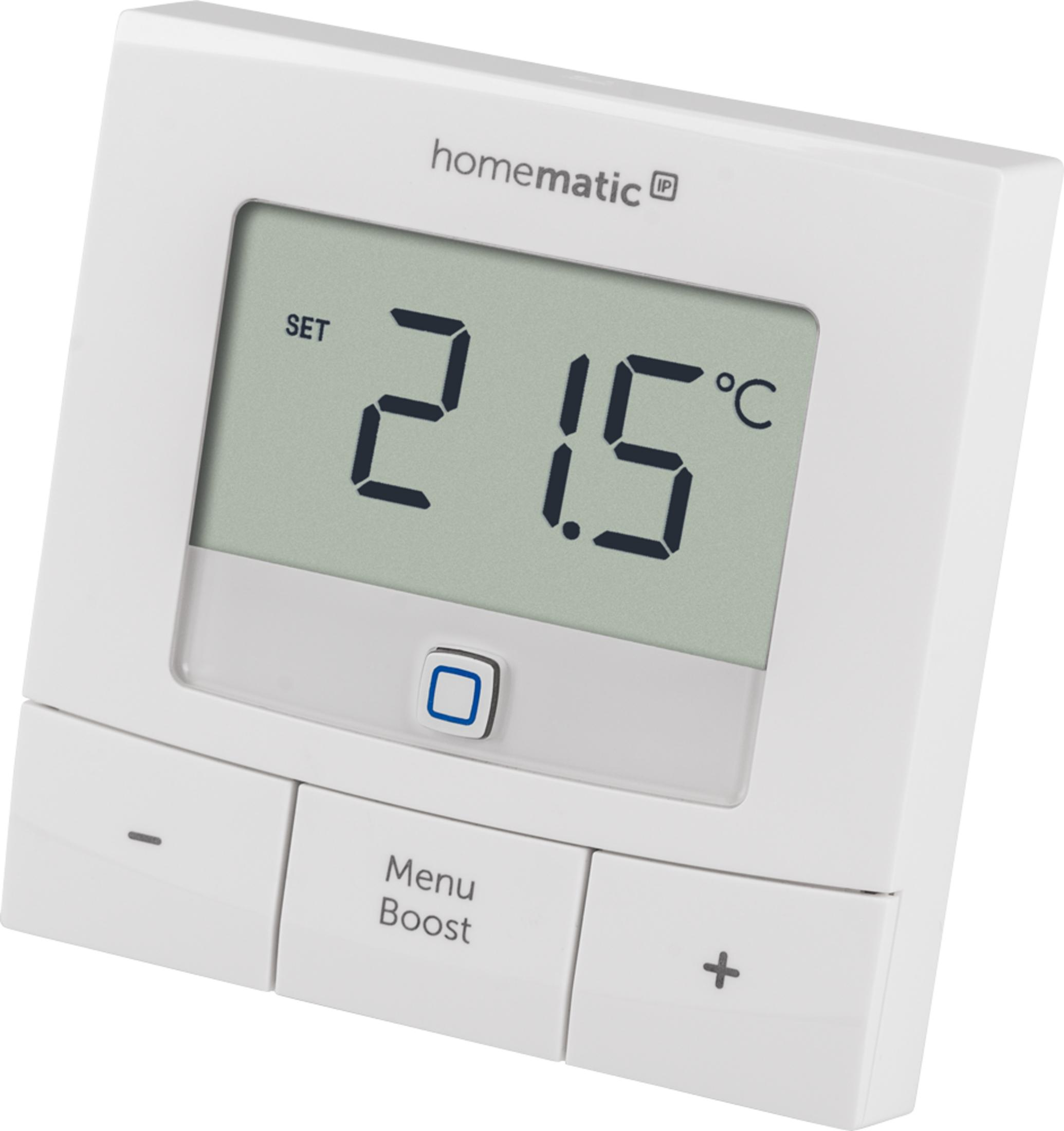 Ein weißer Homematic IP Thermostat zeigt 21,5°C an. Tasten: -, Menü, Boost, +