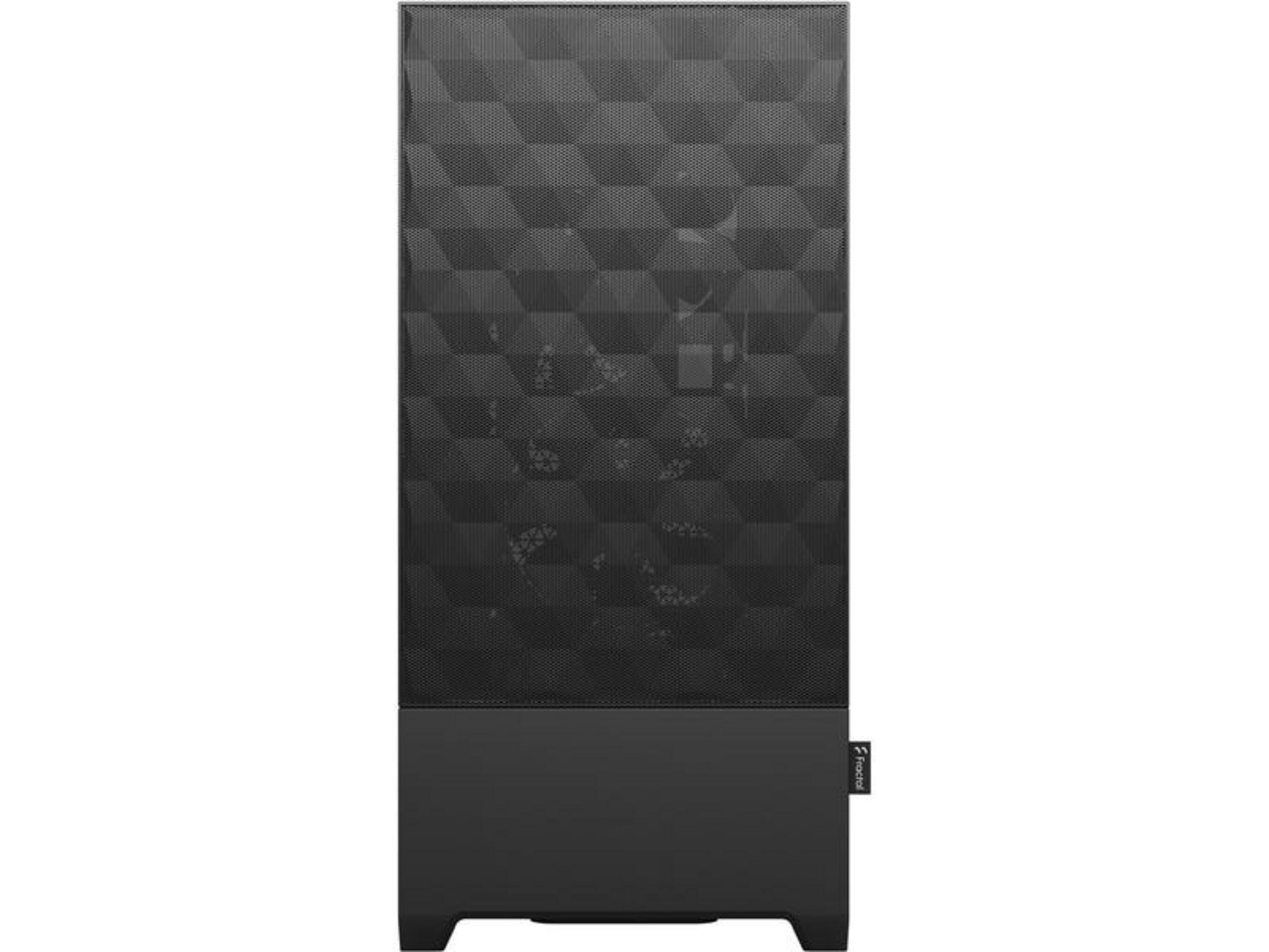 Schwarzes Computergehäuse mit geometrischem Muster oben und glatter Front.