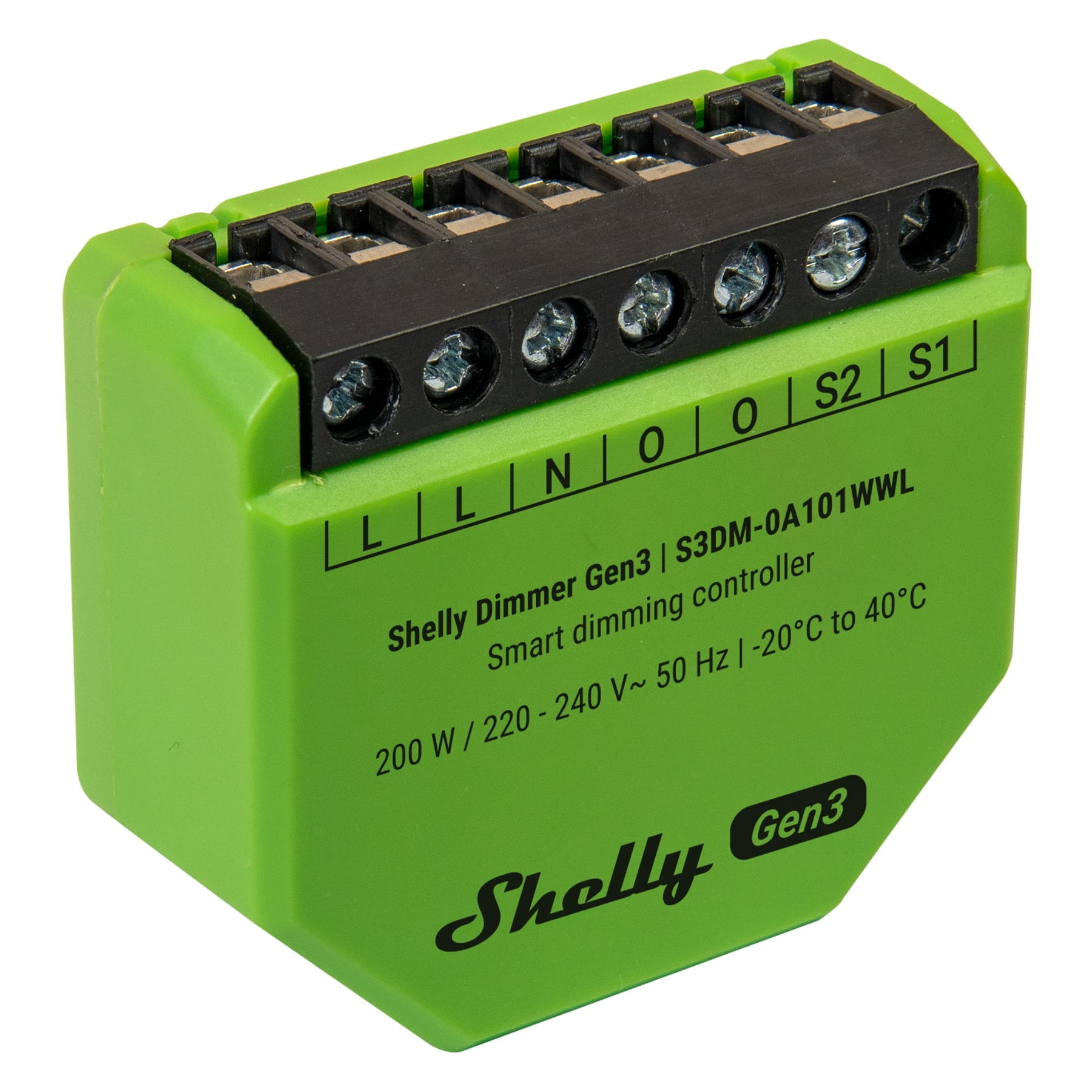 Dimmer Shelly Gen3 verde con terminales de tornillo negros y etiquetas.