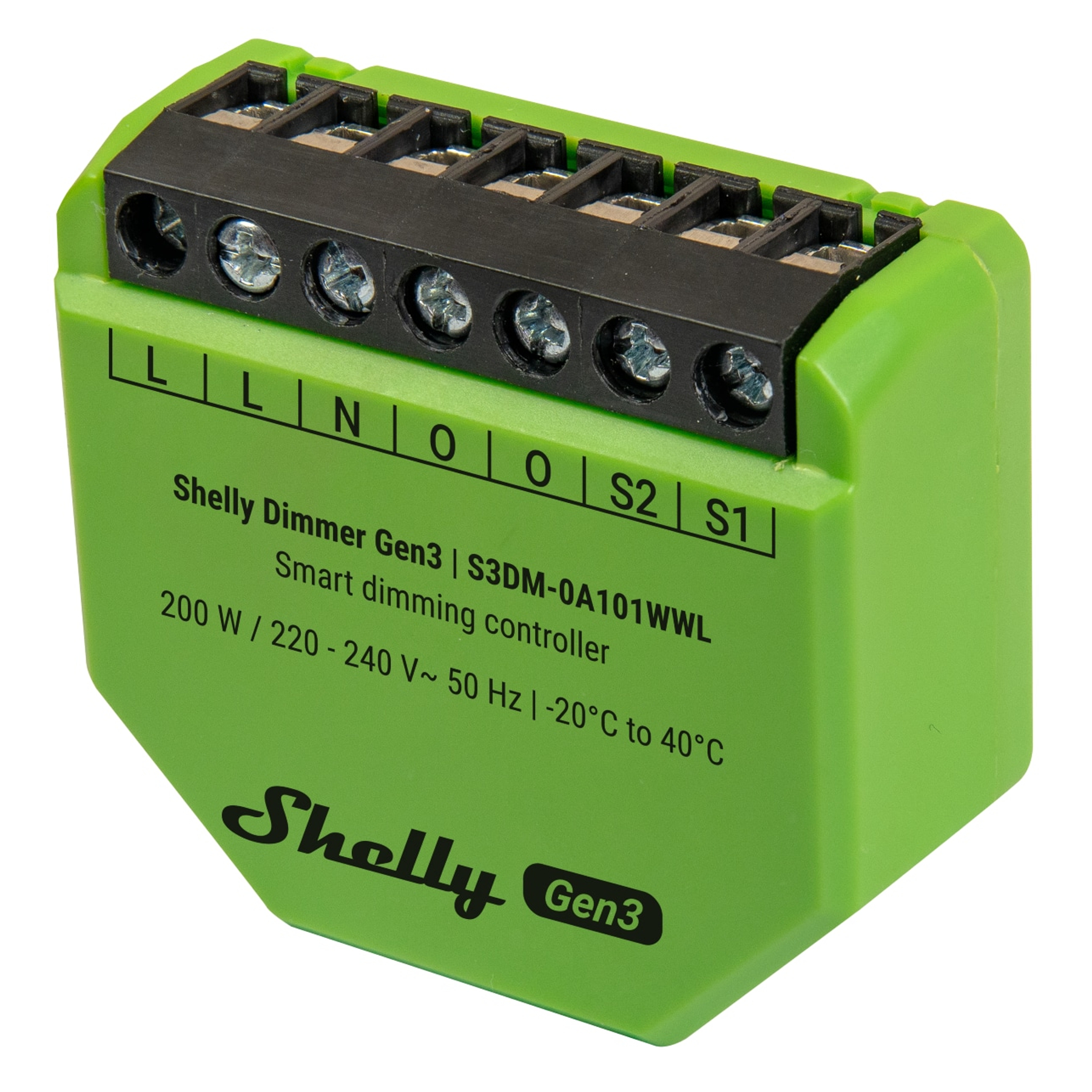 Un dispositivo Shelly Dimmer Gen3 verde con terminales de tornillo y etiquetas.