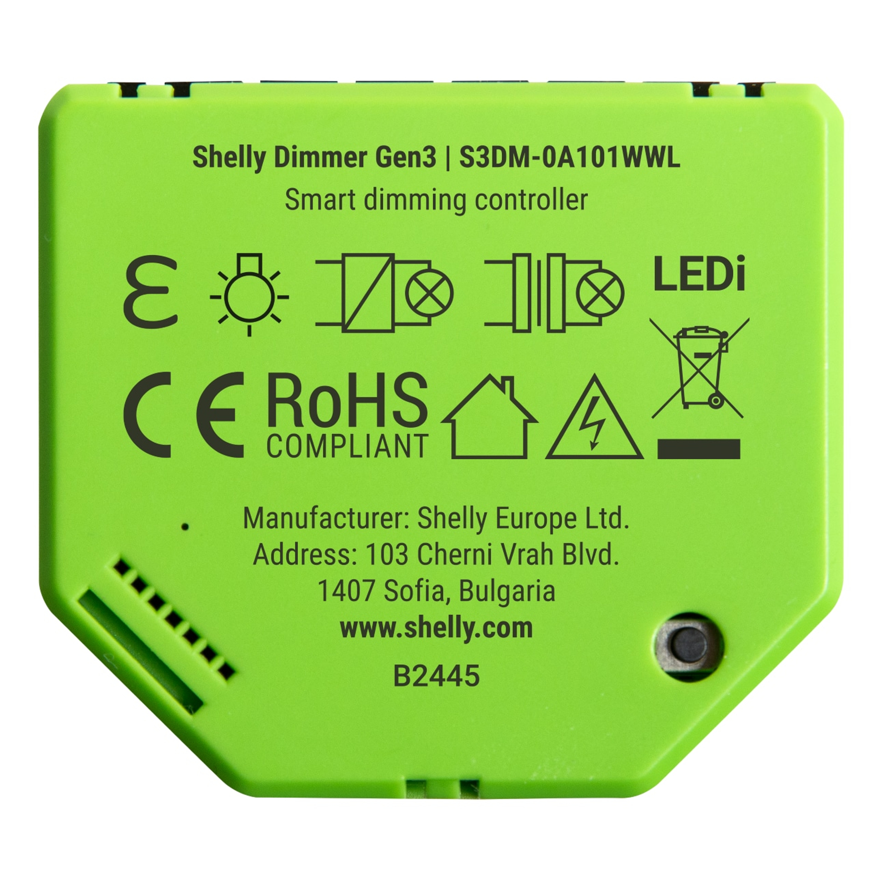 Shelly Dimmer Gen3 verde con CE, RoHS y detalles del fabricante.
