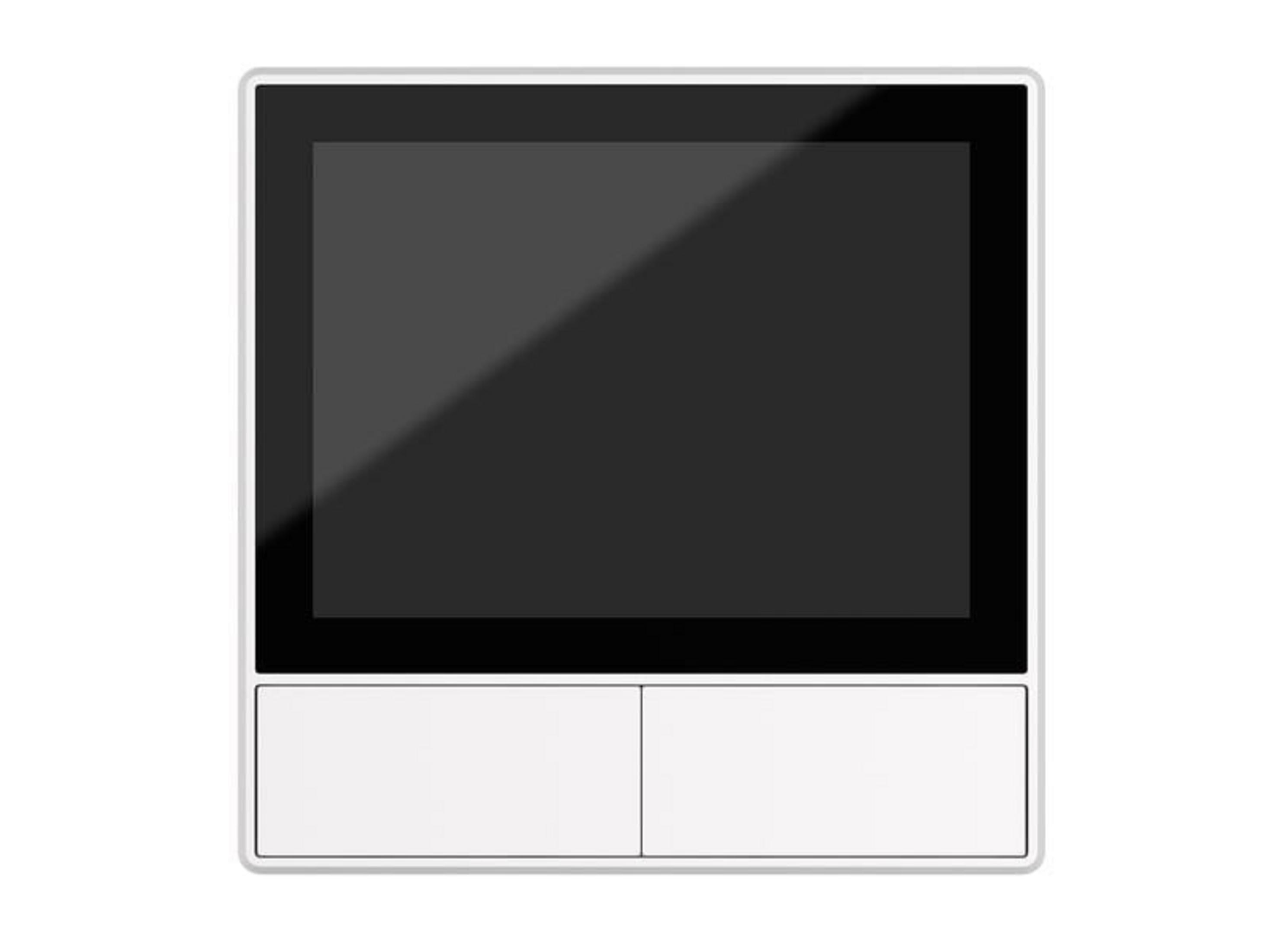 Un rectángulo blanco con pantalla oscura y dos botones blancos debajo.