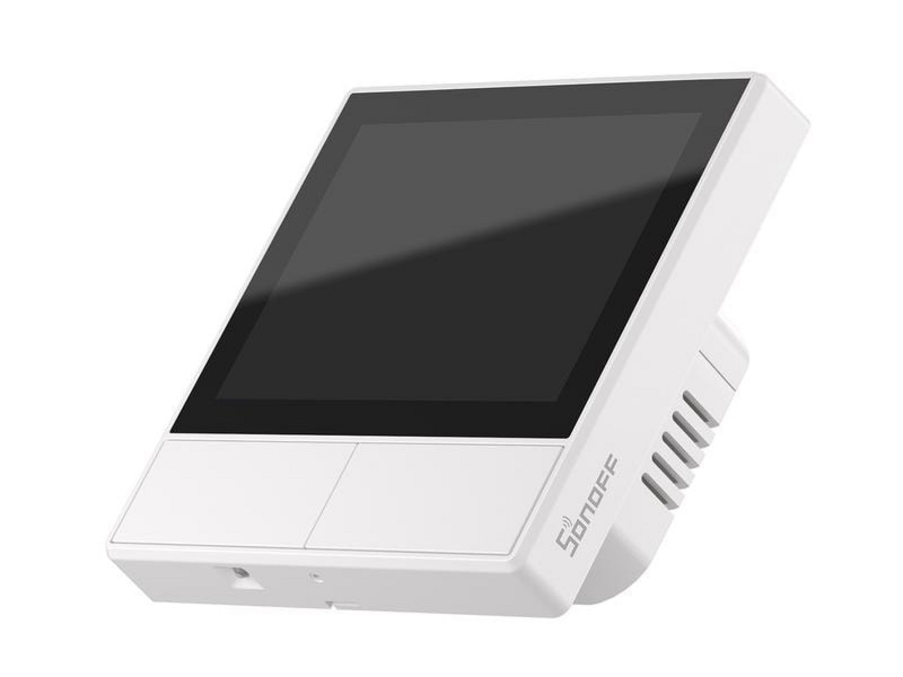 Un dispositivo blanco para el hogar inteligente con pantalla táctil y ranuras de ventilación.