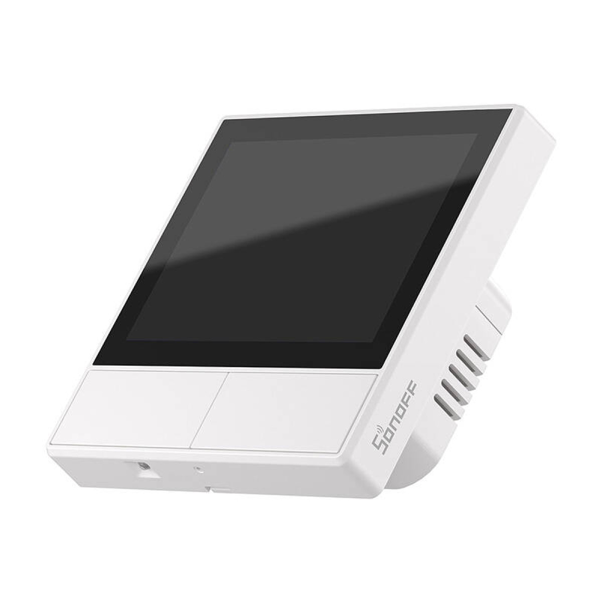 Un dispositivo doméstico inteligente blanco con pantalla táctil y rejillas de ventilación.