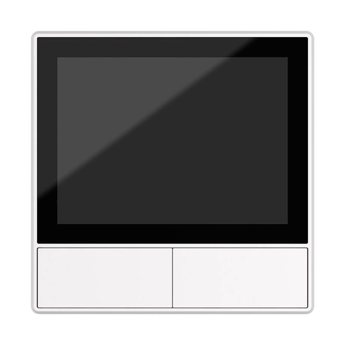 Un panel de control blanco con pantalla negra y dos botones blancos debajo.