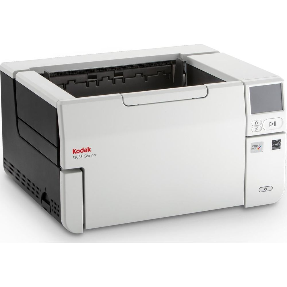 Biały skaner Kodak S2085f z czarnym panelem bocznym i przyciskami sterującymi.
