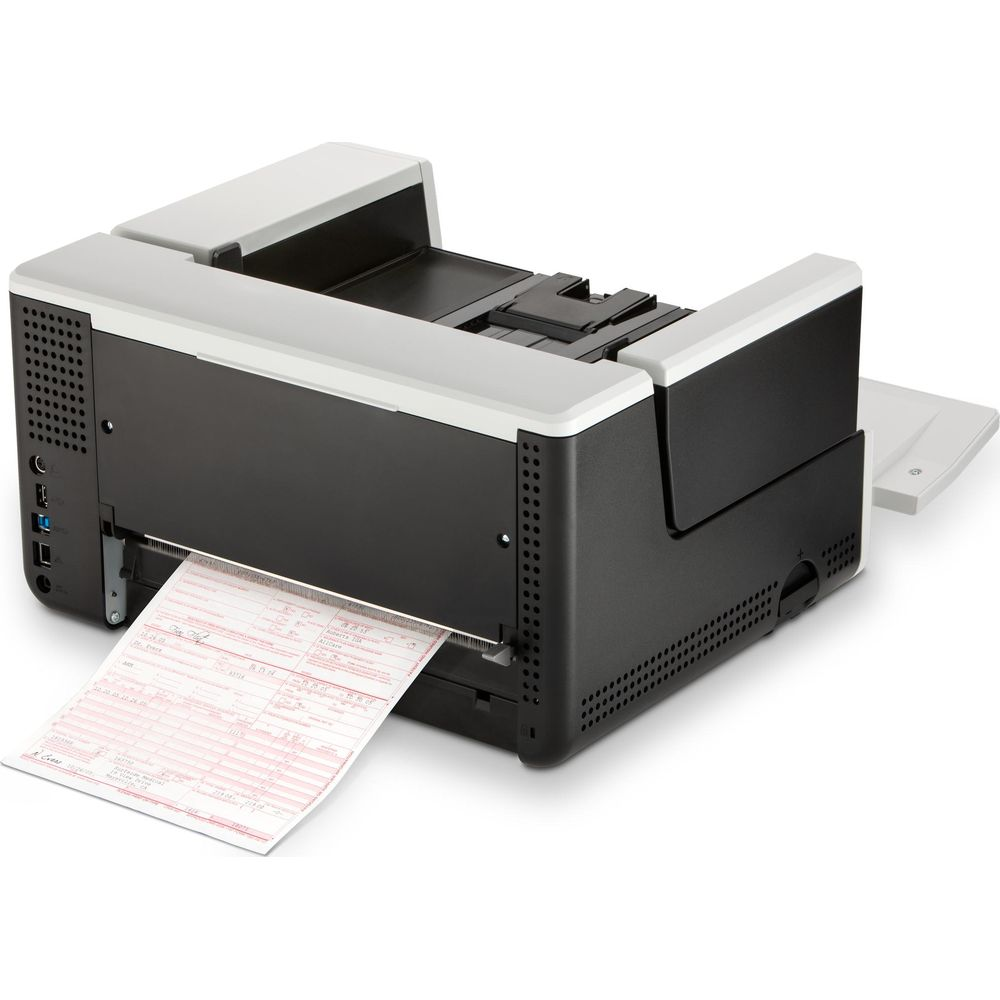 Czarno-biały skaner z czerwono-białym dokumentem wychodzącym z niego.