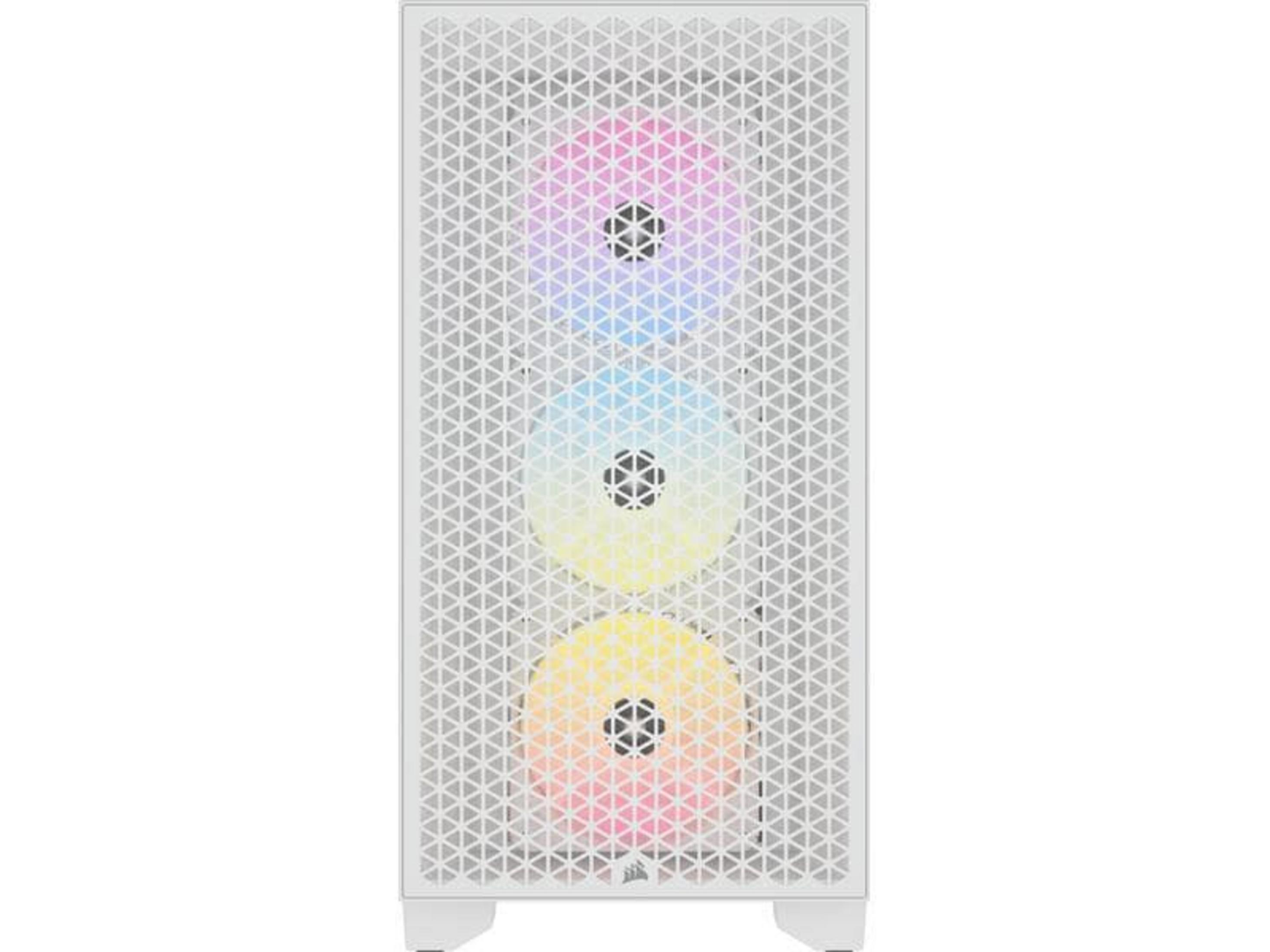 Biała obudowa komputera z trzema podświetlanymi wentylatorami.