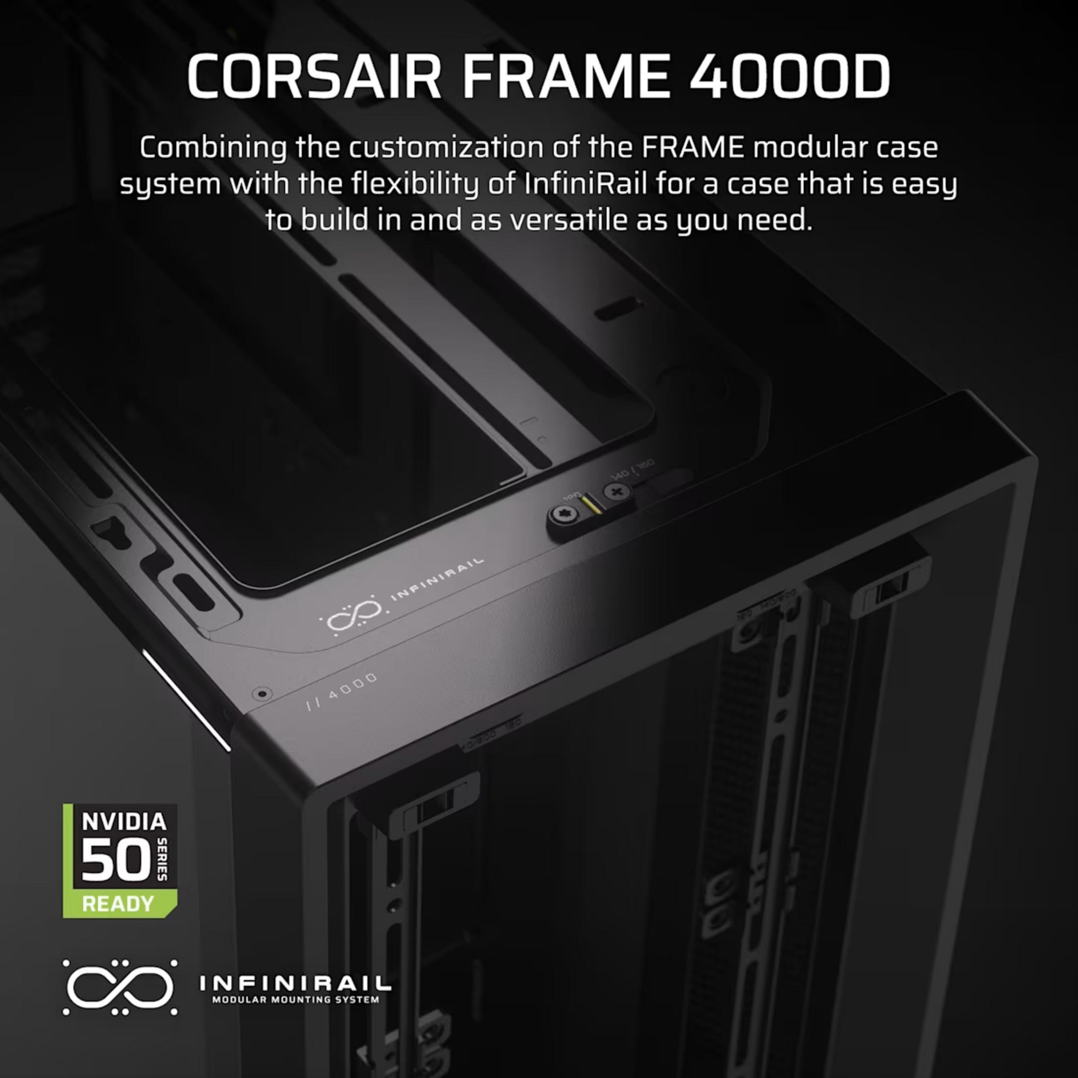 Obudowa PC Corsair Frame 4000D z systemem InfiniRail i logo NVIDIA 50 Series Ready.
