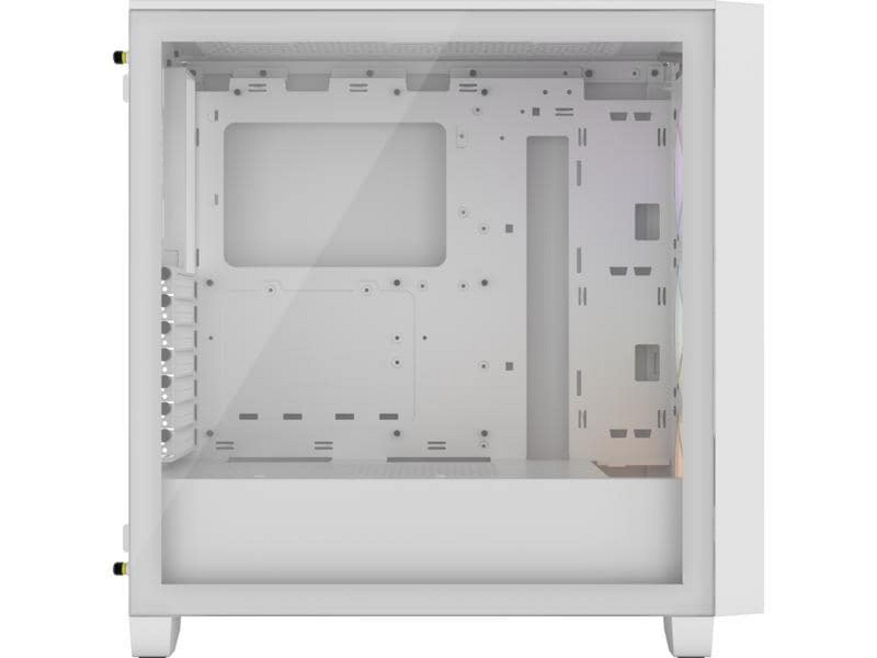 Biała obudowa komputera z przeszklonym frontem i otwartym wnętrzem.