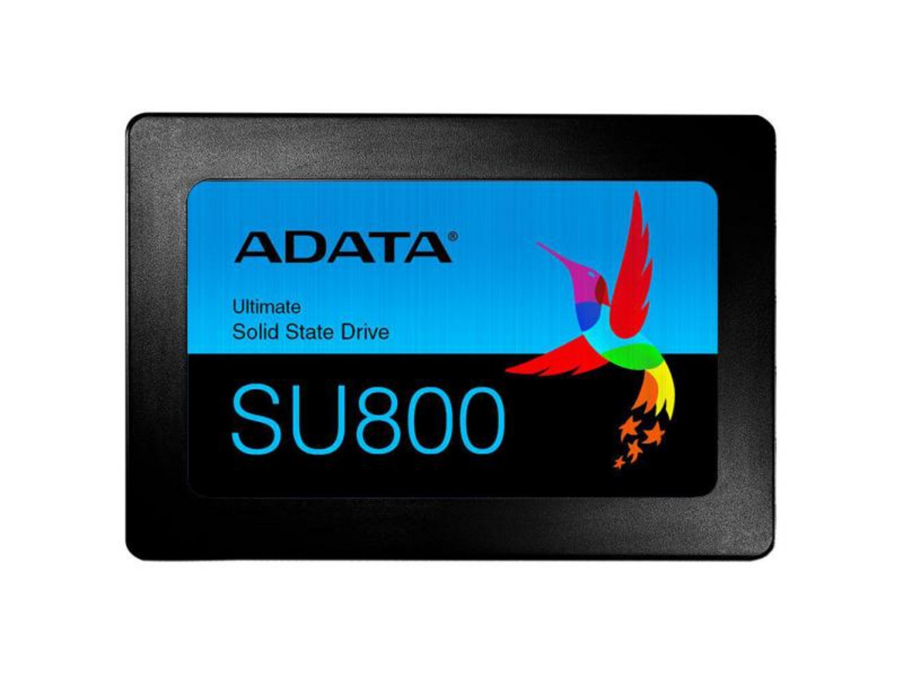 Czarny dysk SSD ADATA SU800 z kolorowym logo kolibra.