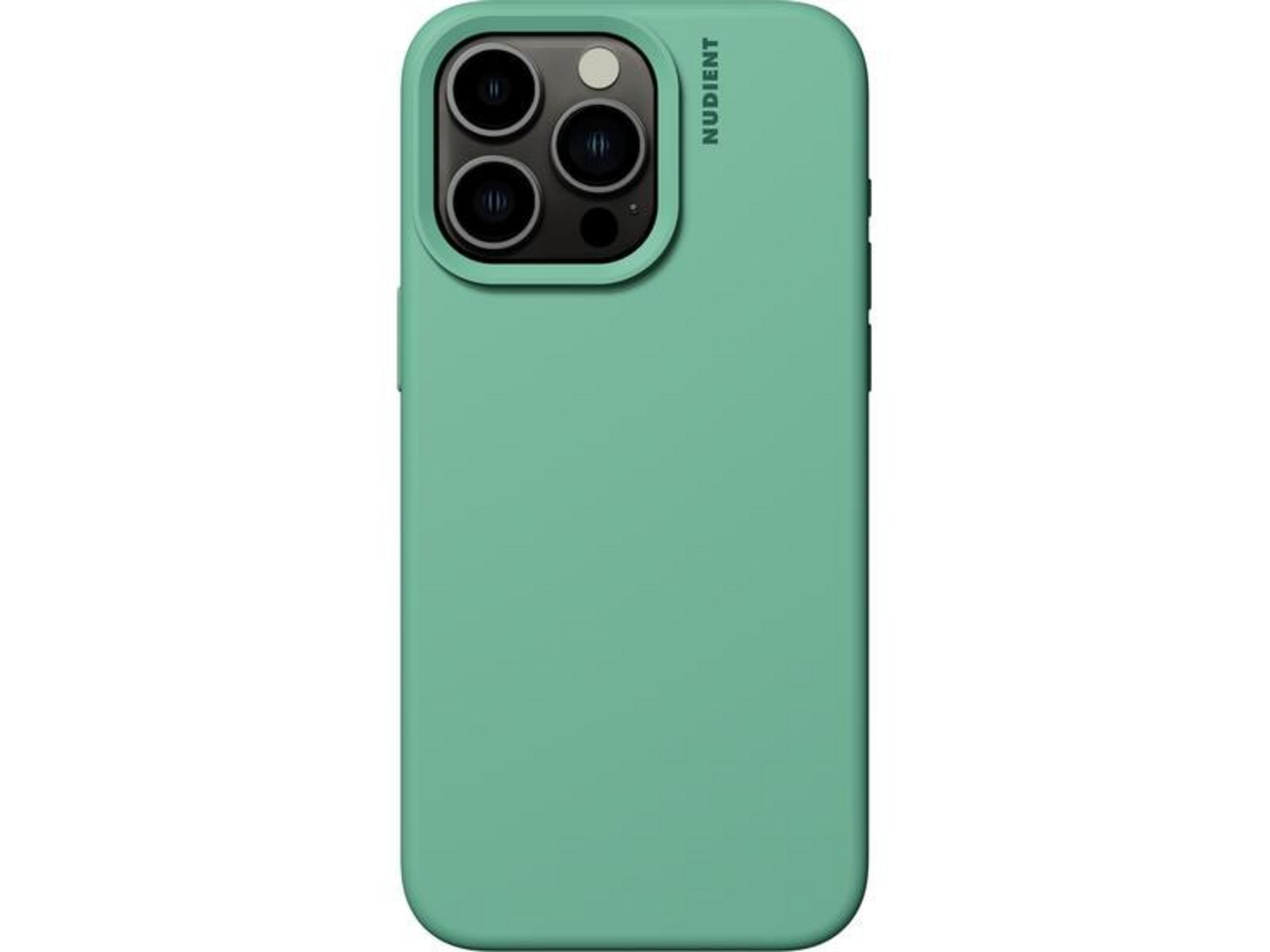 Green phone case with three camera lenses and flash.