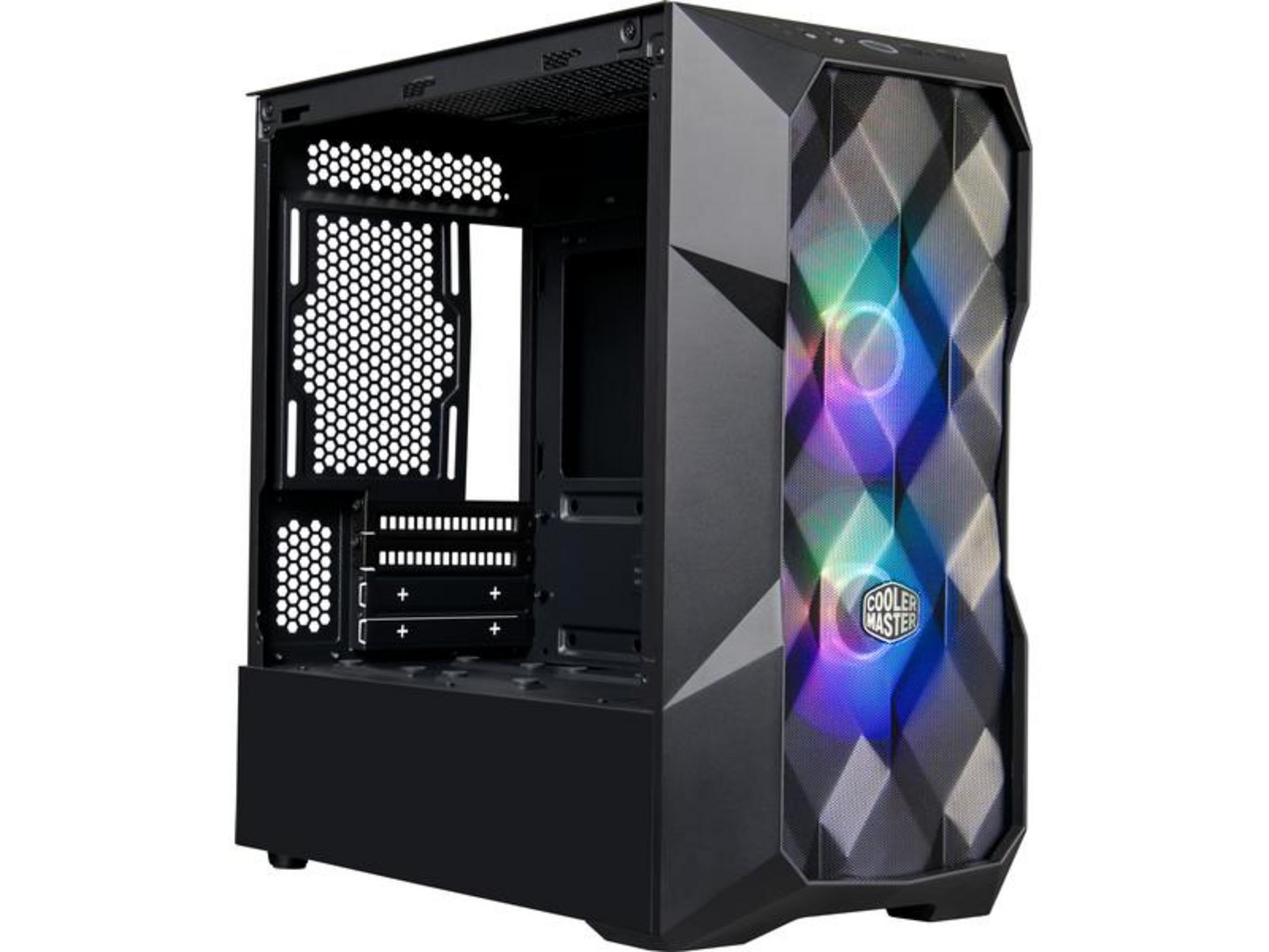 Black PC case with diamond-patterned front grille and RGB lighting.