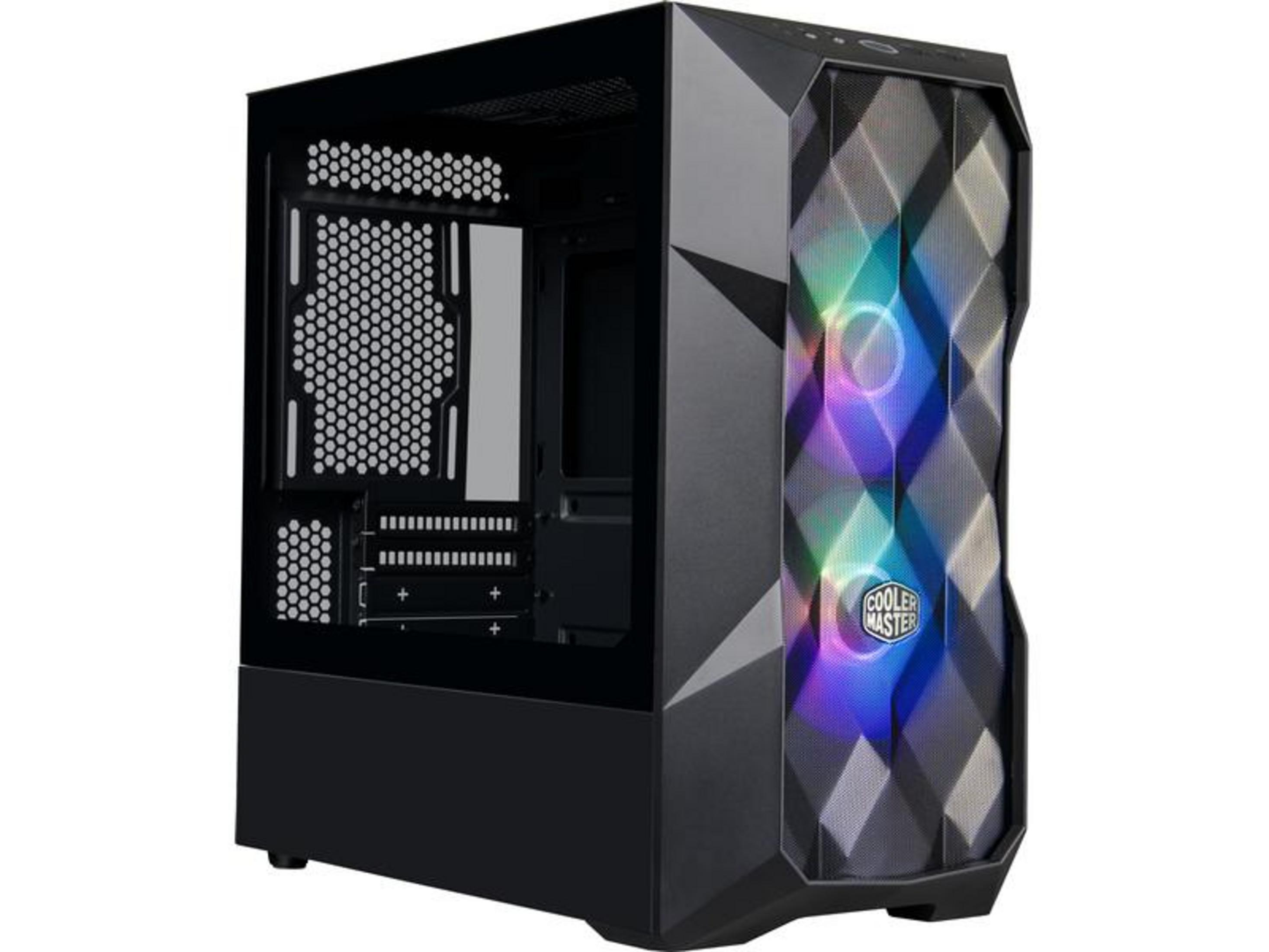 Black computer case with a transparent side panel and RGB fans.
