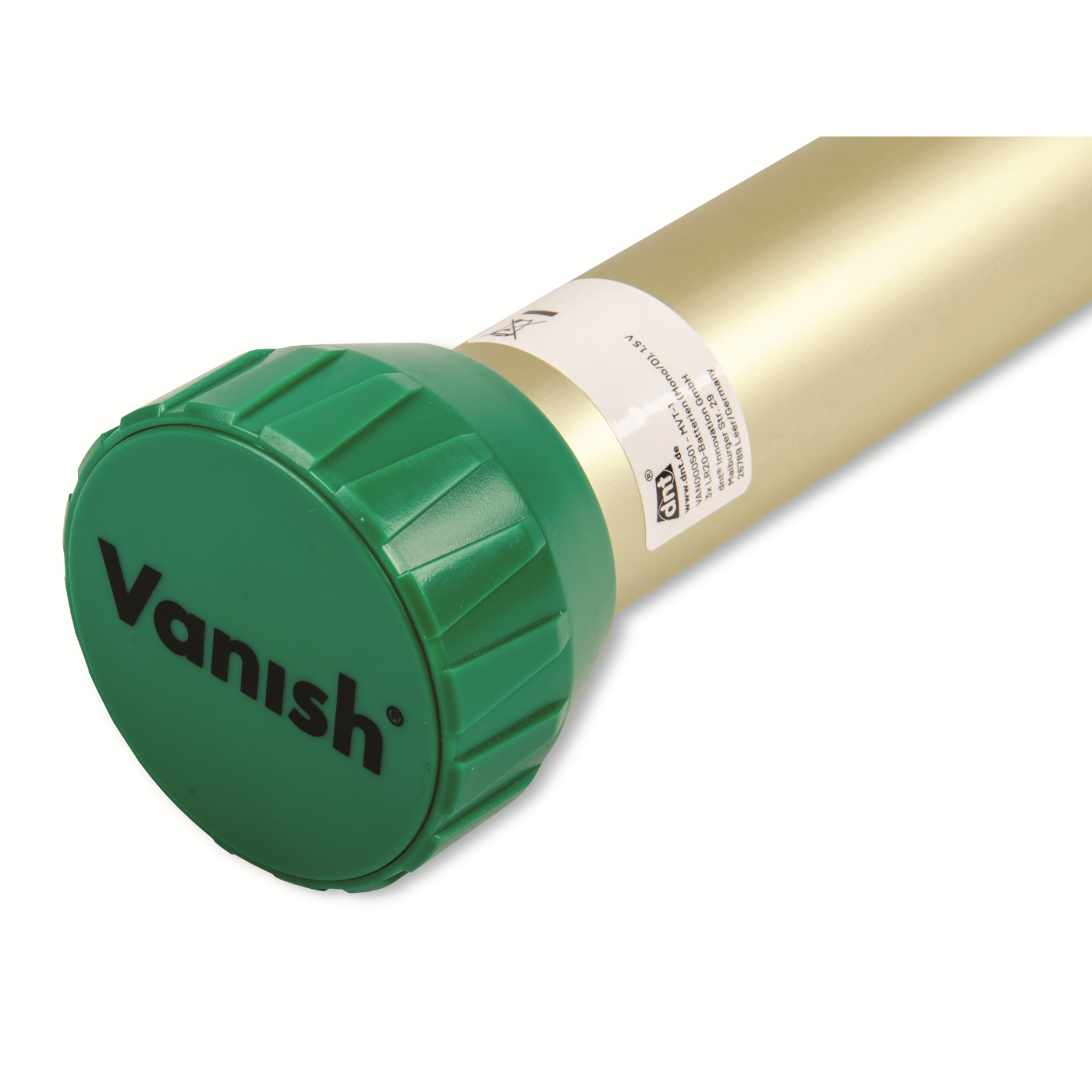 Ein goldener Zylinder mit grünem Deckel, auf dem Vanish steht.