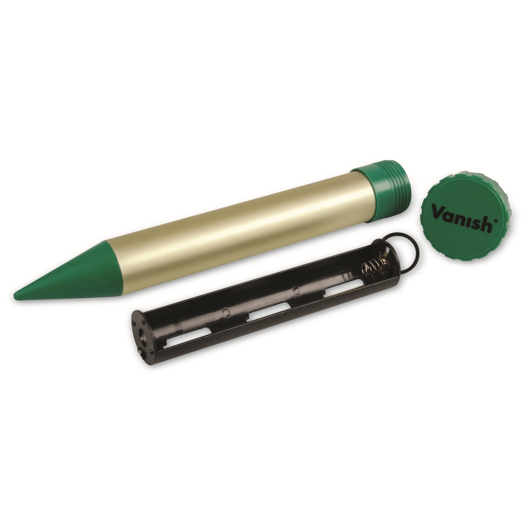 Goldener Stab mit grüner Spitze, schwarzer Batteriehalter und grüner Kappe.