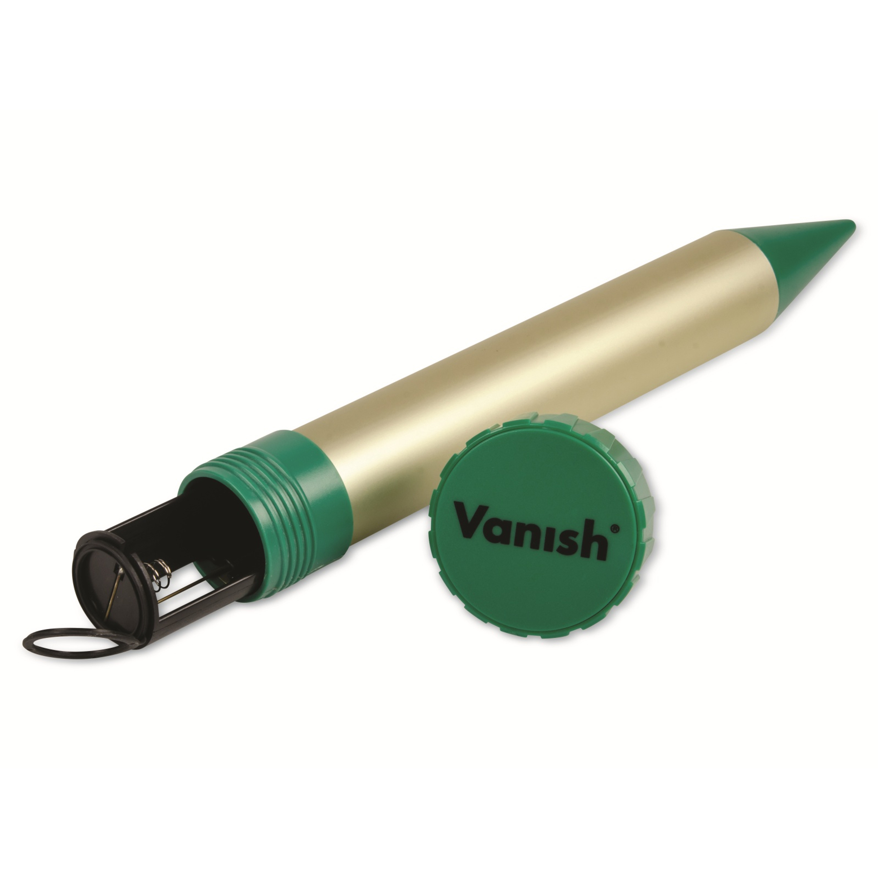Ein goldener Stift mit grüner Spitze, offen mit Batterien darin.