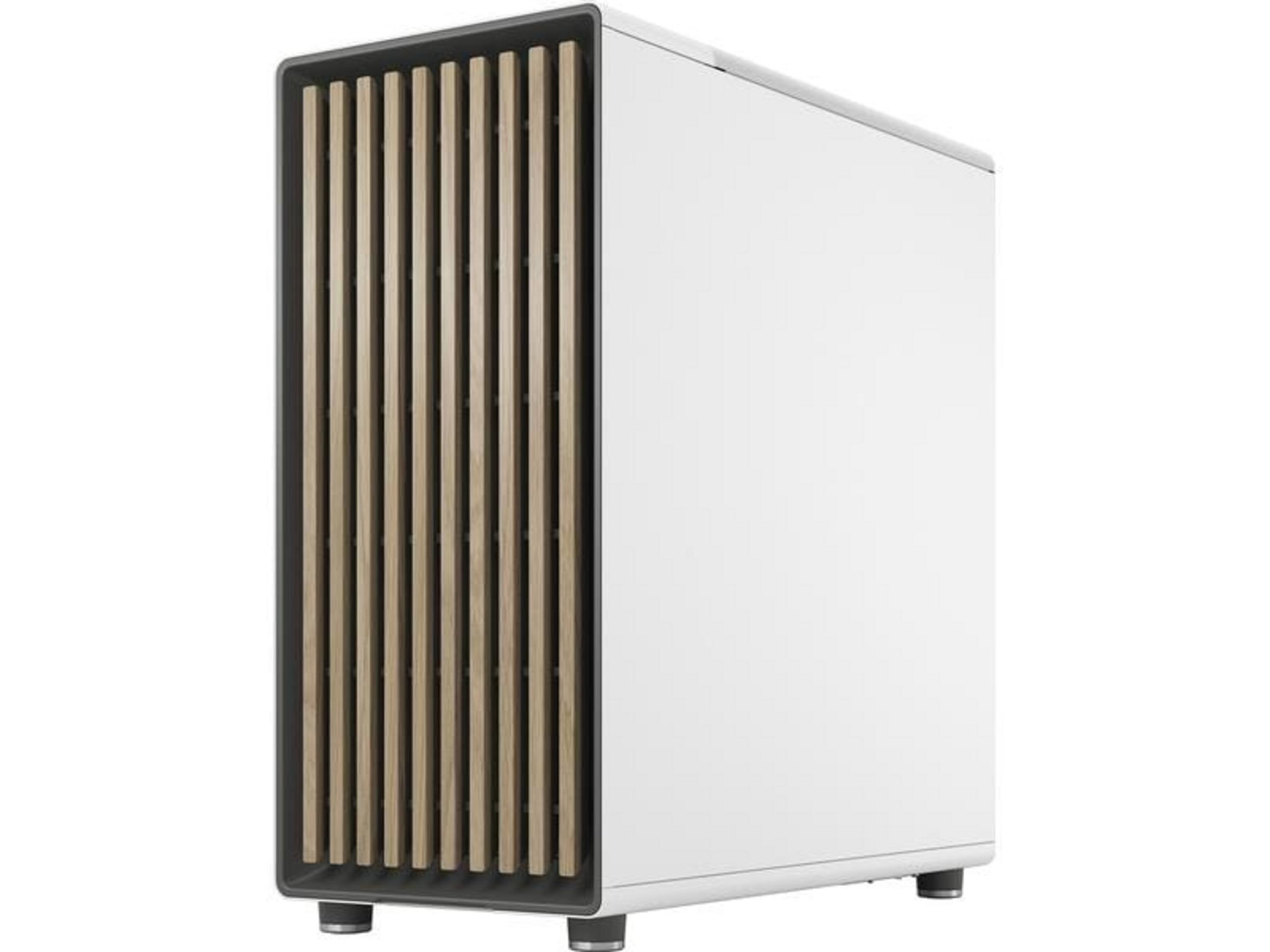 A white computer tower with wood slats on the front rests on four feet.