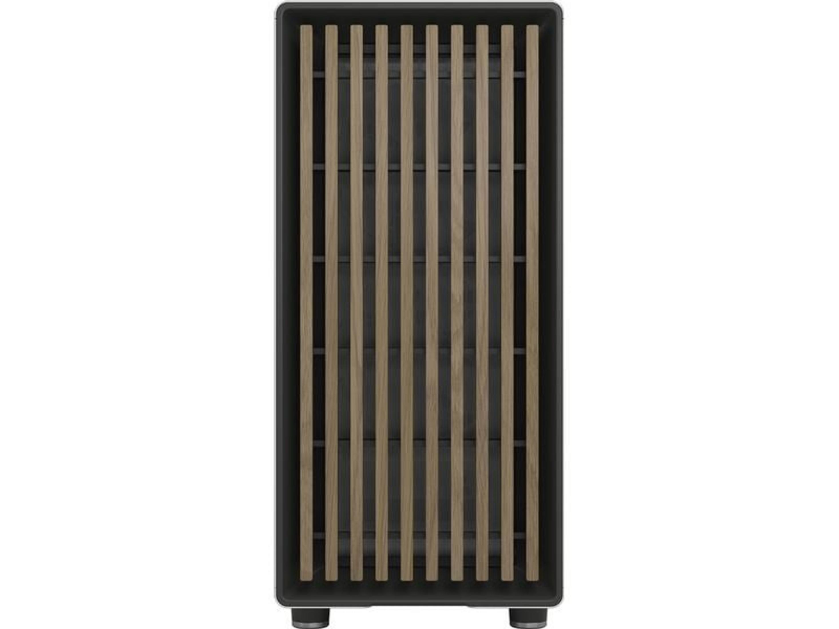 Tall, narrow black shelf unit with vertical wooden slats and visible shelves.