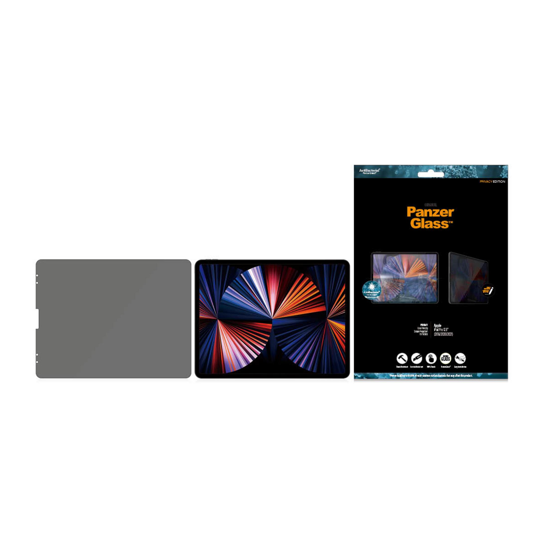 Protector de pantalla de privacidad gris para una tablet, junto a una pantalla.