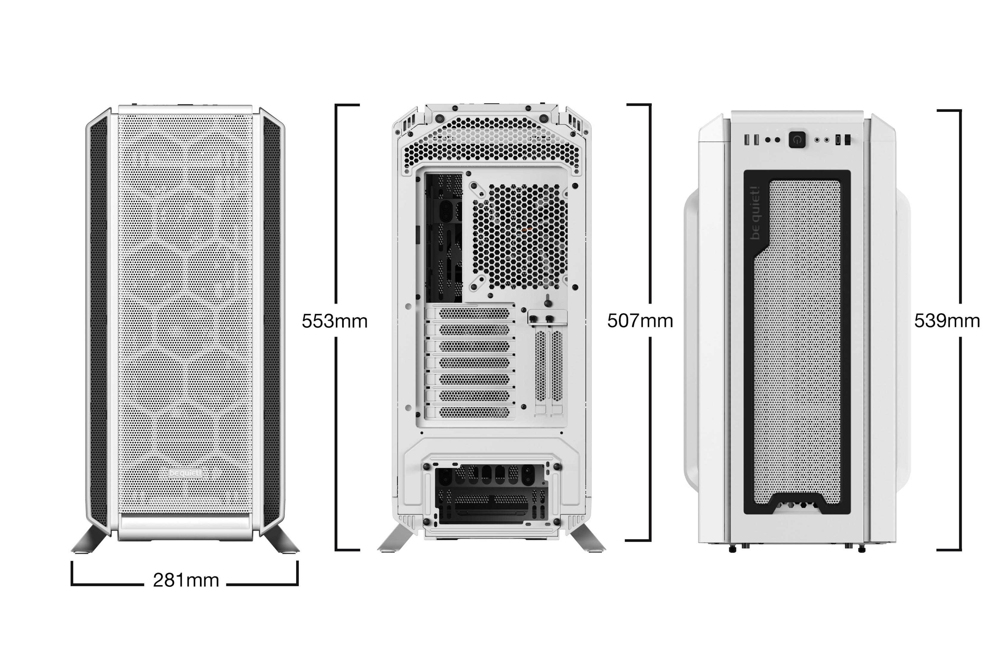 Drei Ansichten eines weißen Computerturms mit Abmessungen.
