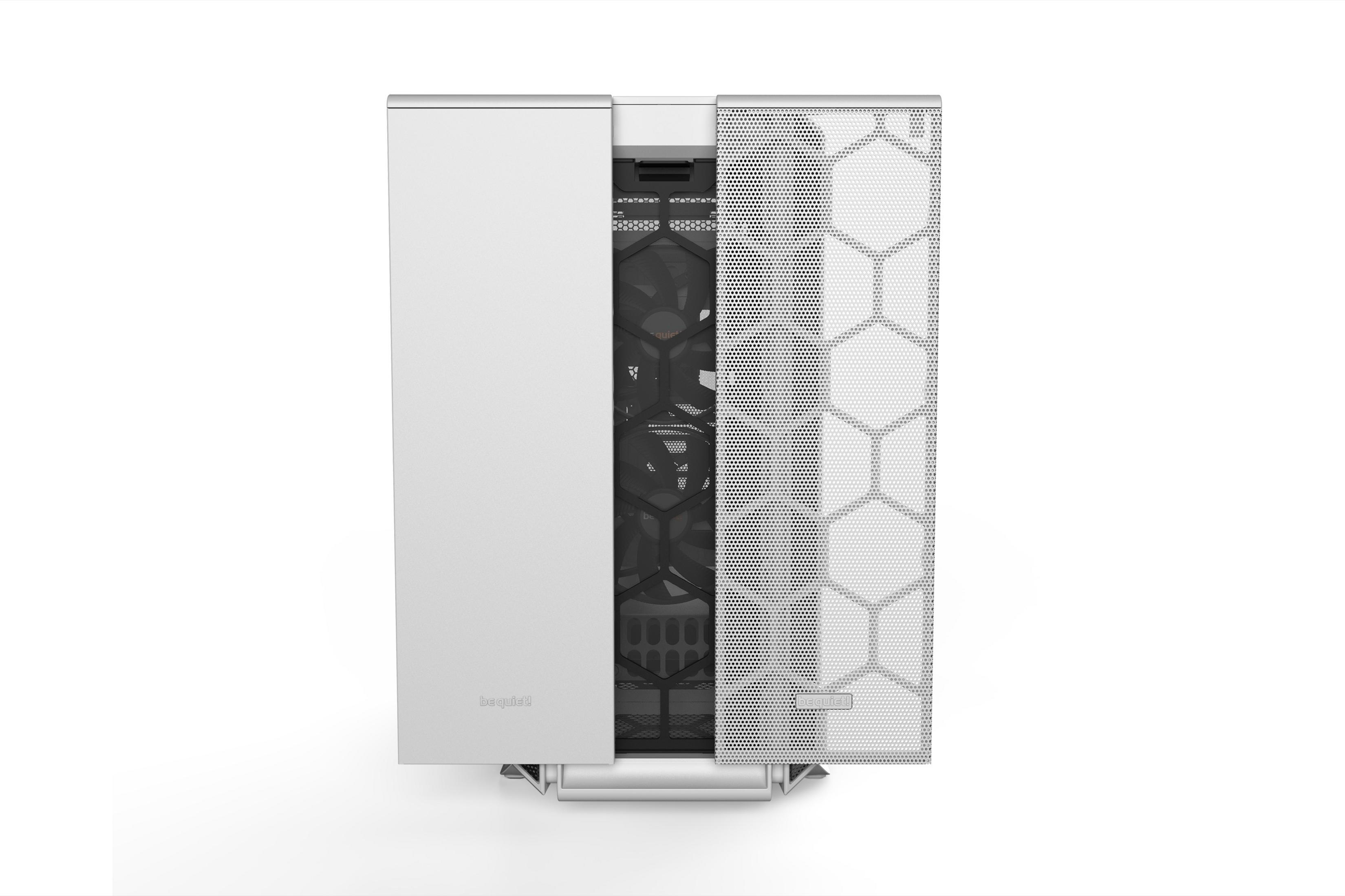 Ein weißer Computergehäuse mit einem Lüfter und Mesh-Paneelen.