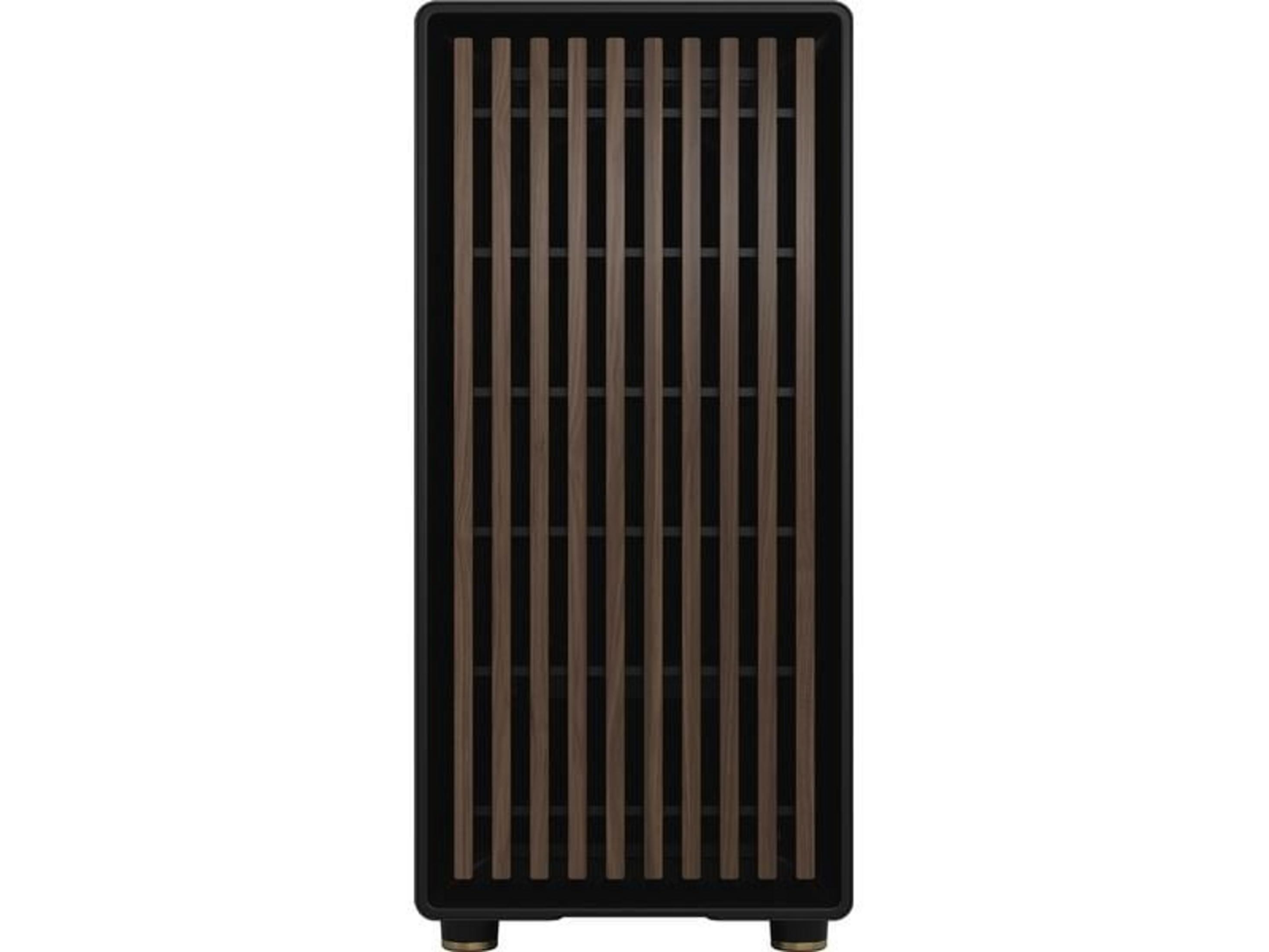 A black cabinet with vertical wooden slats and gold feet.