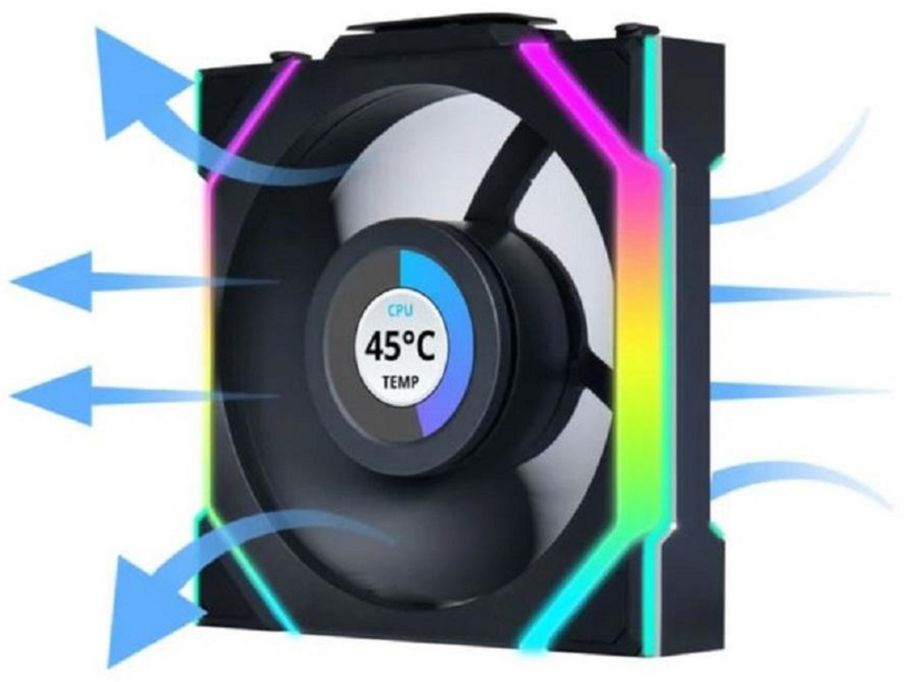 Schwarzer Lüfter mit RGB-Beleuchtung zeigt 45°C CPU-Temperatur.