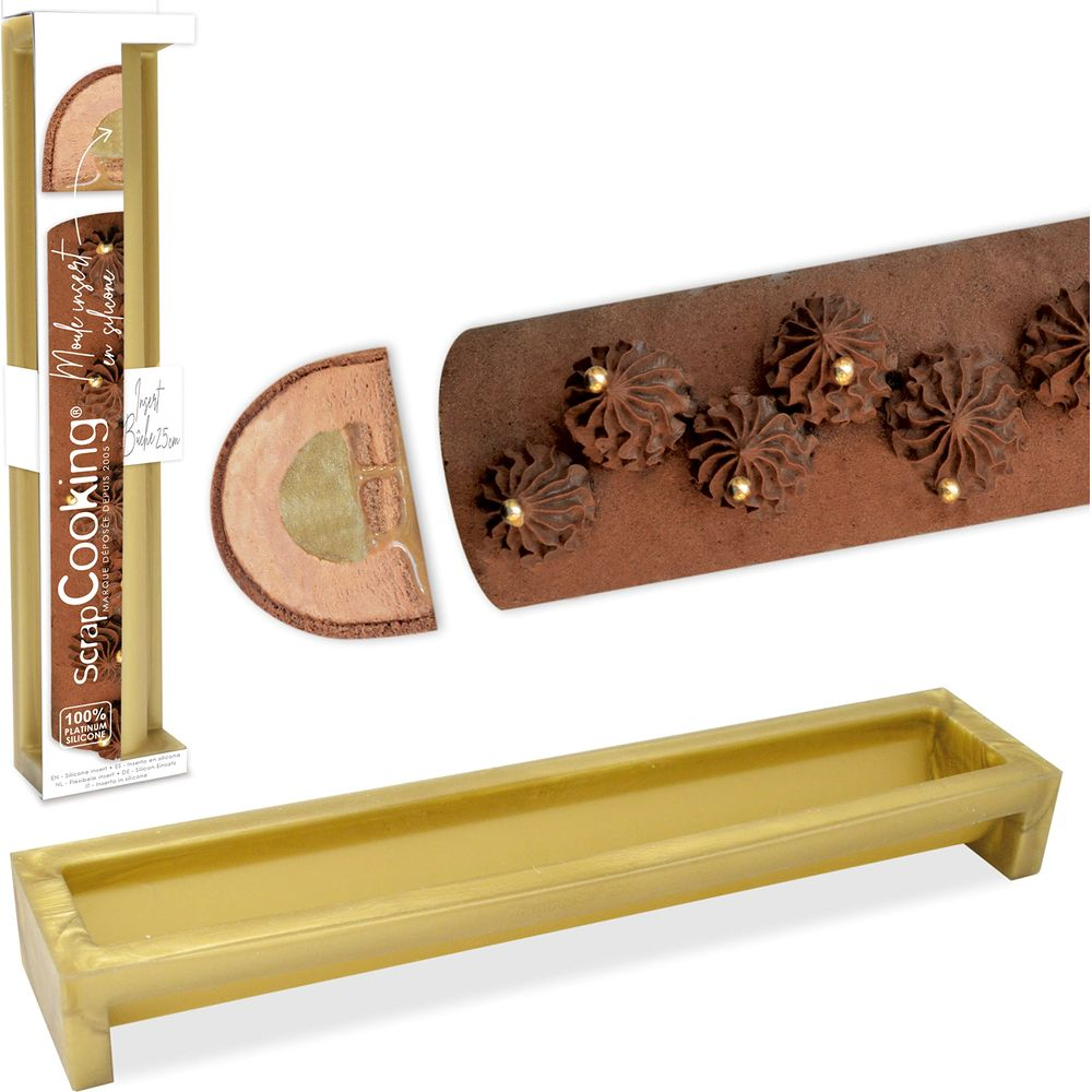 Ein goldener Kuchenform und ein Schokoladenkuchen mit Schokoladencreme-Tupfern.