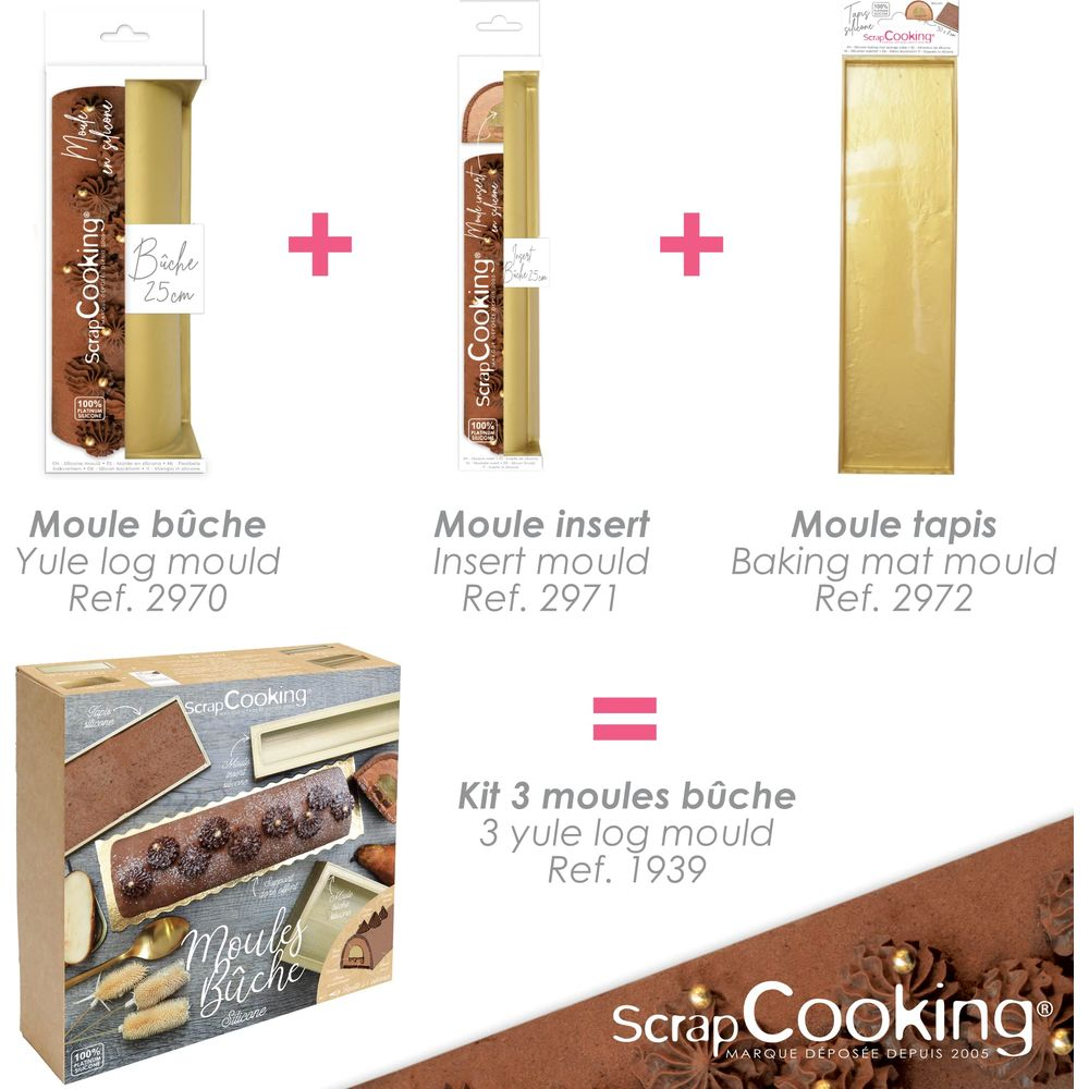 Bäckerei-Formen-Set: 3 Yule-Log-Formen und eine Backmatte.