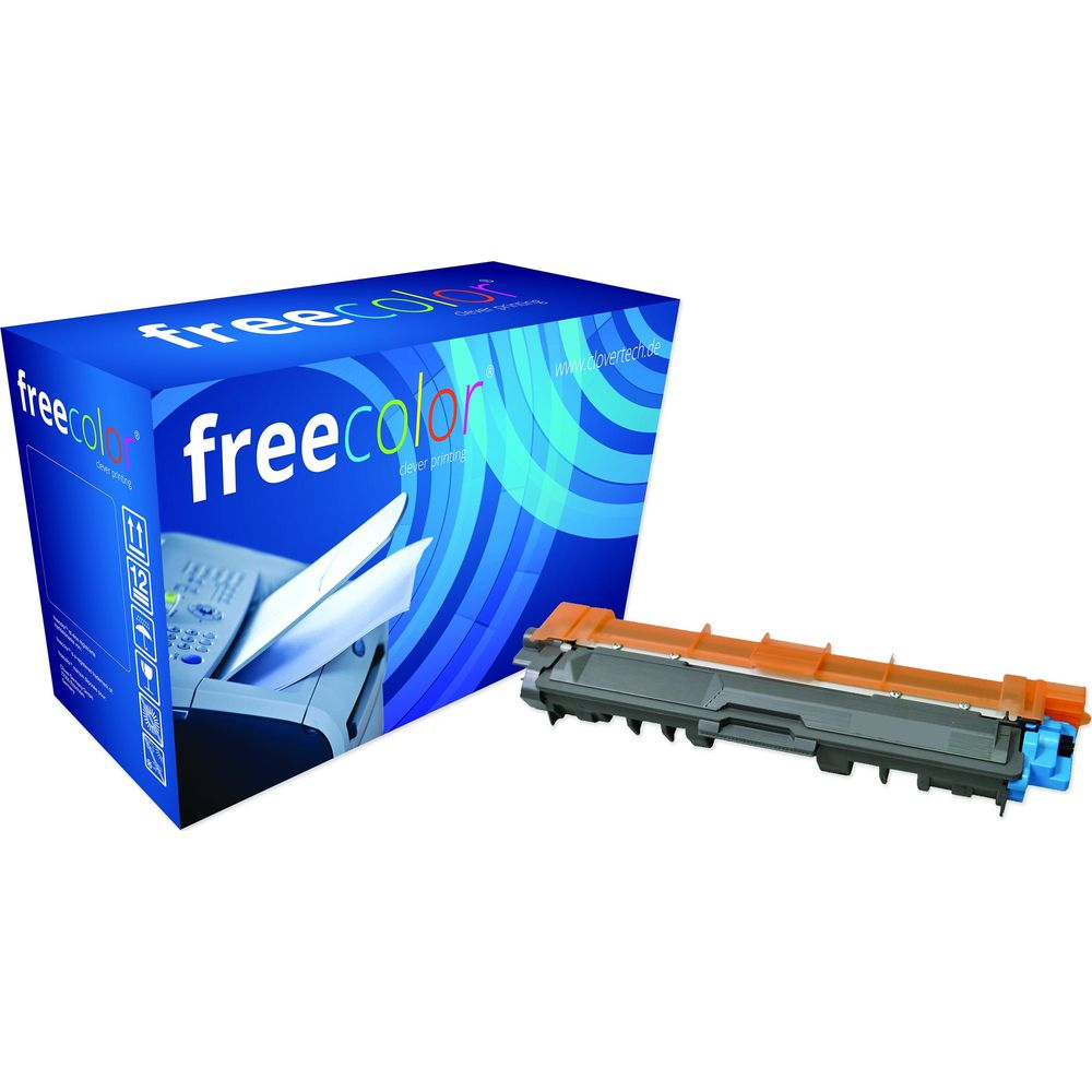 Cartuccia toner Freecolor accanto a una scatola blu con immagine stampante.