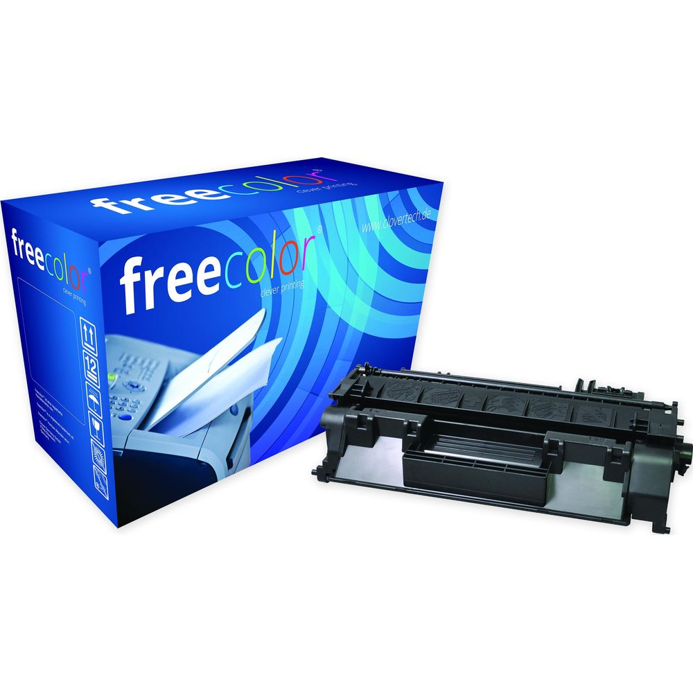Cartucho de tóner Freecolor junto a una caja azul con imagen de impresora.